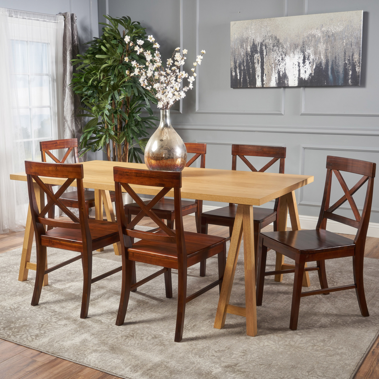 Sambora Farmhouse 7 Piece Dining Set With Rich Mahogany Chairs - Natural Oak