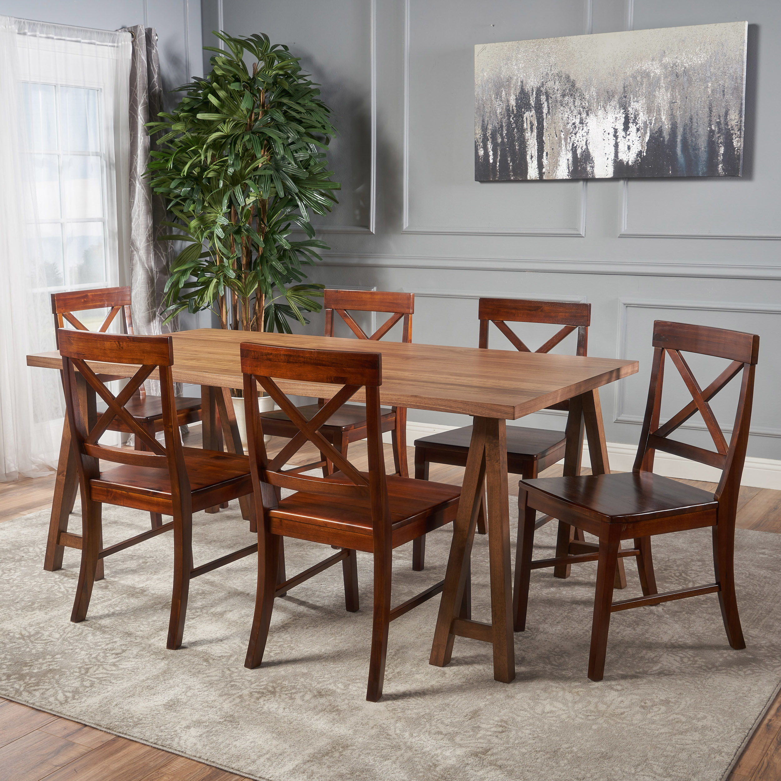 Sambora Farmhouse 7 Piece Dining Set With Rich Mahogany Chairs - Natural Oak