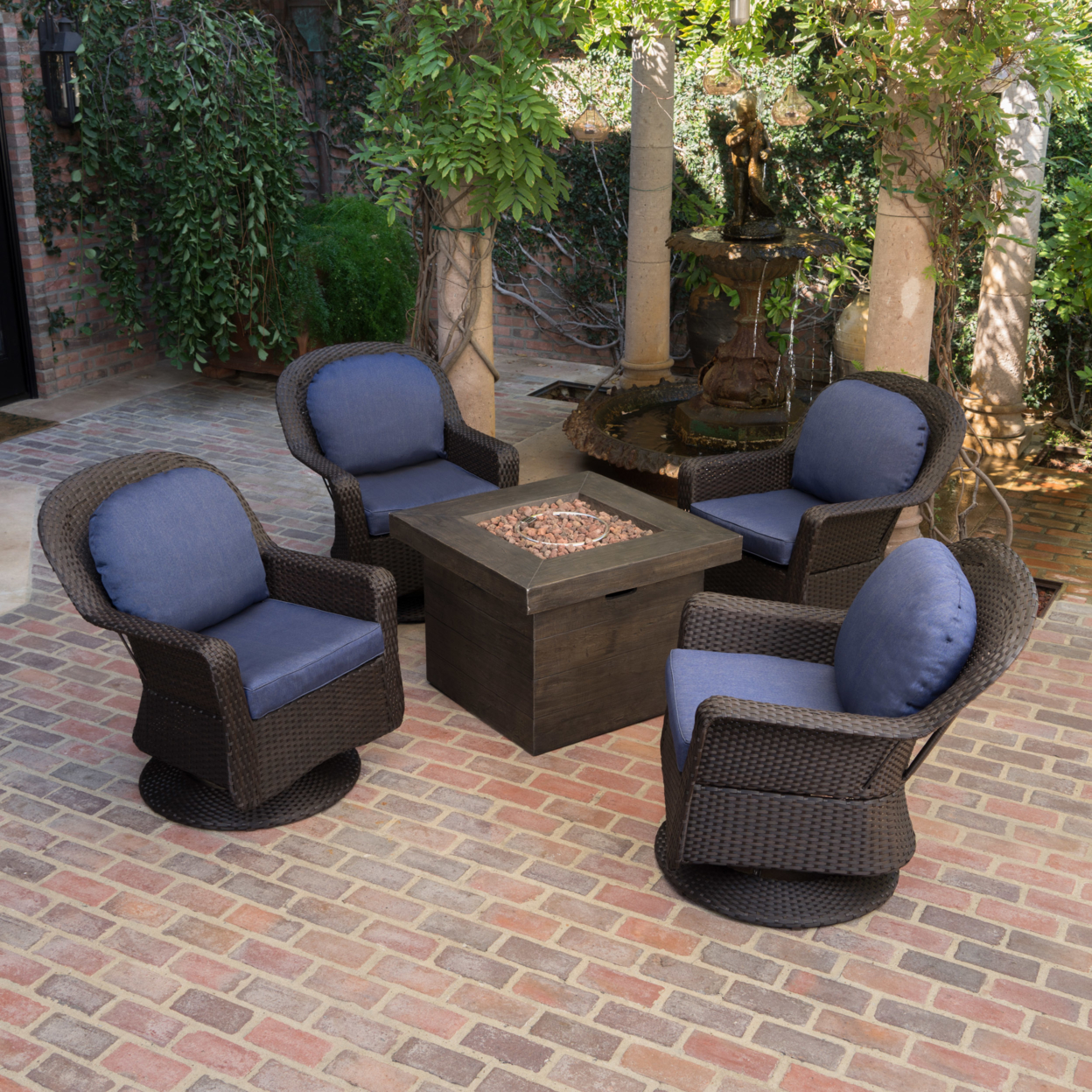 Colorado Outdoor 5 Piece Dark Brown Wicker Chair Fire Pit Chat Set - Brown/Ceramic Gray