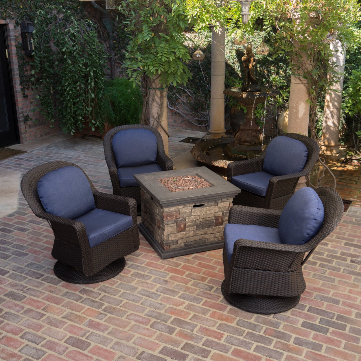 Alameda Outdoor 5 Piece Fire Pit Wicker Chat Set - Brown/Ceramic Gray