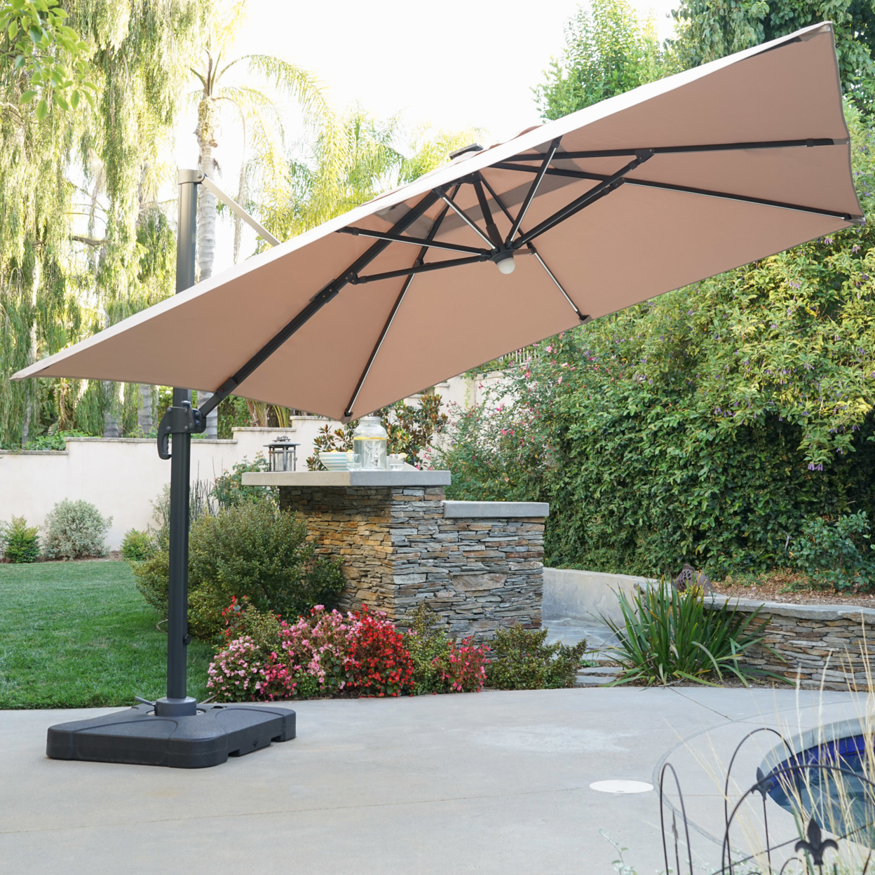 Sonoma Outdoor Water Resistant Canopy Umbrella With Solar Light Stip - Sand