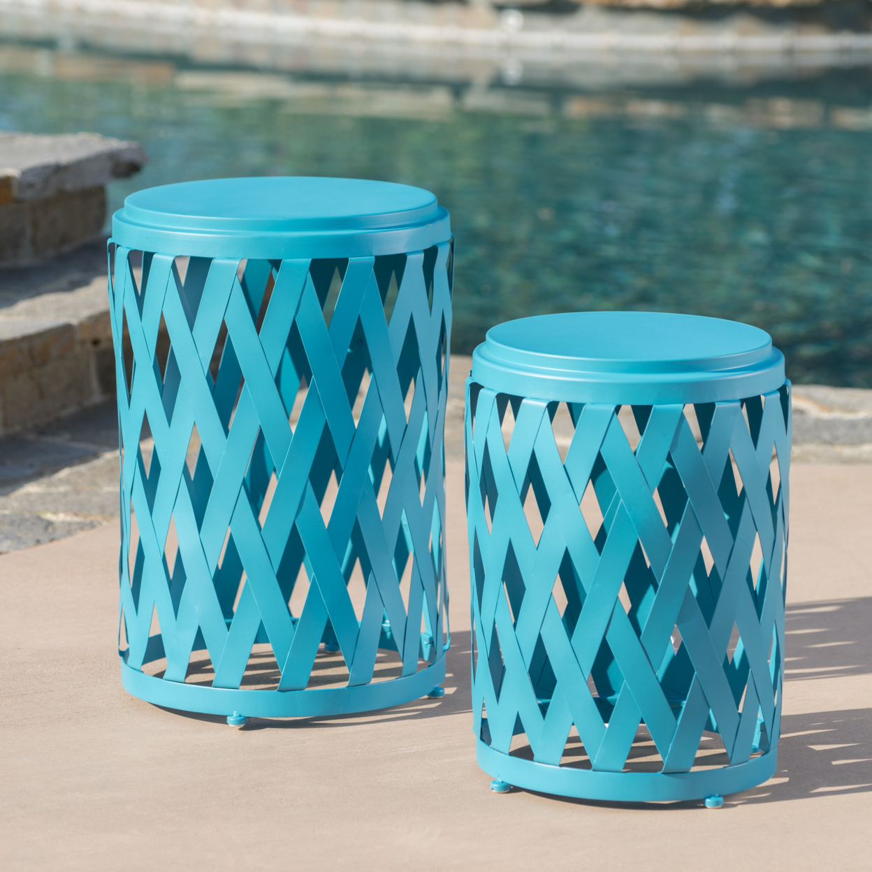 Ellen Nestable Outdoor Small And Large Iron Side Table Set (Set Of 2) - Matte Blue