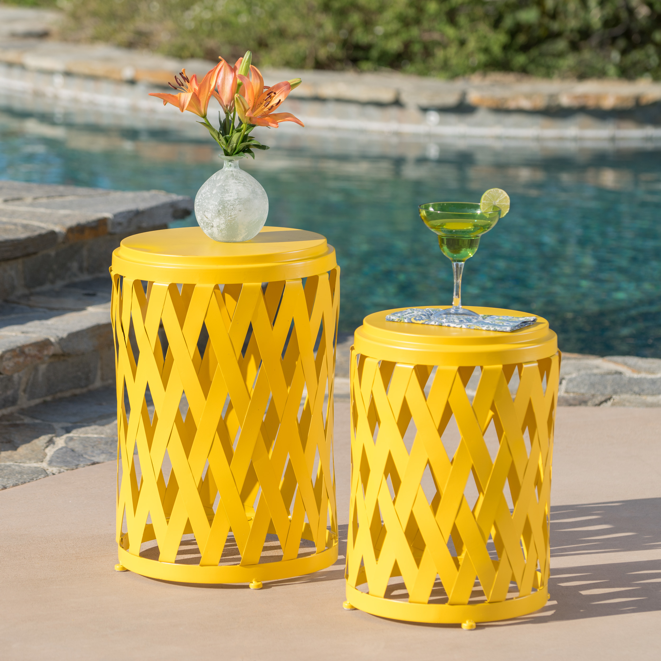 Ellen Nestable Outdoor Small And Large Iron Side Table Set (Set Of 2) - Matte Yellow