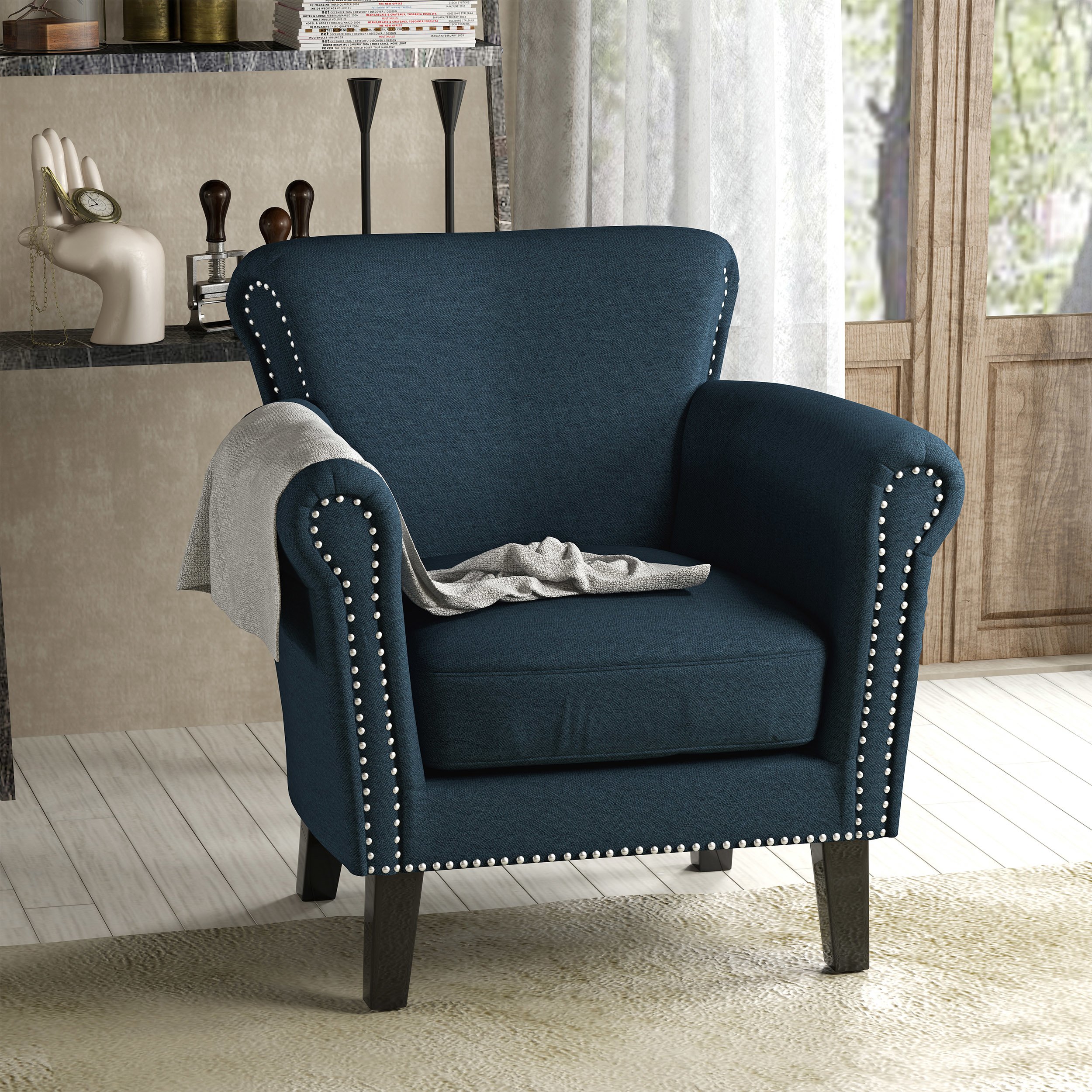 Brently Vintage Scroll Arm Studded Fabric Club Chair - Navy Blue