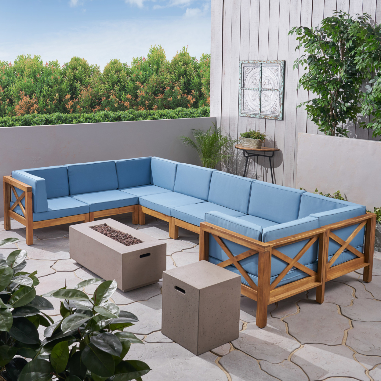 Cytheria Outdoor Acacia Wood 8 Seater U-Shaped Sectional Sofa Set With Fire Pit - Teak / Blue / Light Gray
