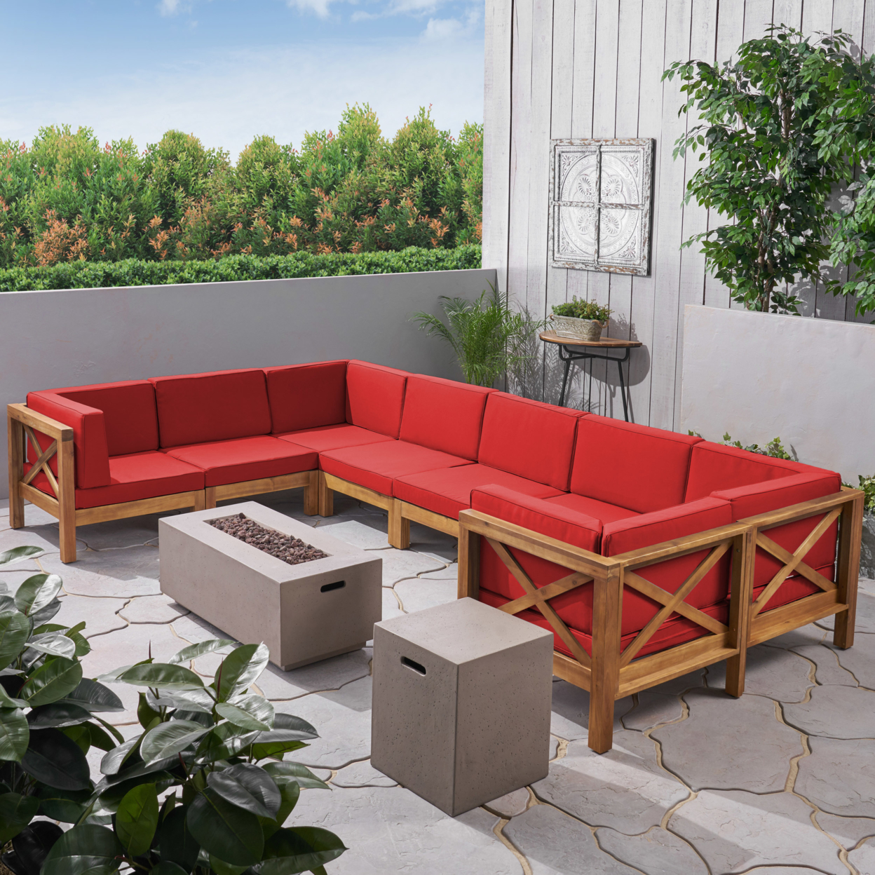 Cytheria Outdoor Acacia Wood 8 Seater U-Shaped Sectional Sofa Set With Fire Pit - Gray / Dark Gray