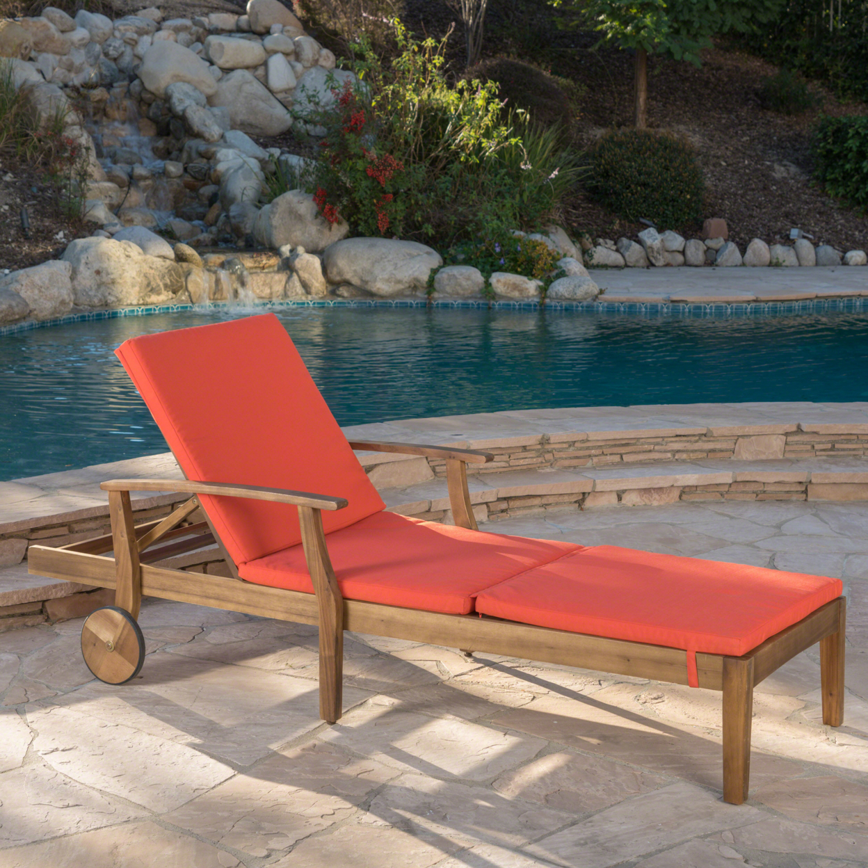 Daisy Outdoor Teak Finish Chaise Lounge With Water Resistant Cushion - Orange, Single