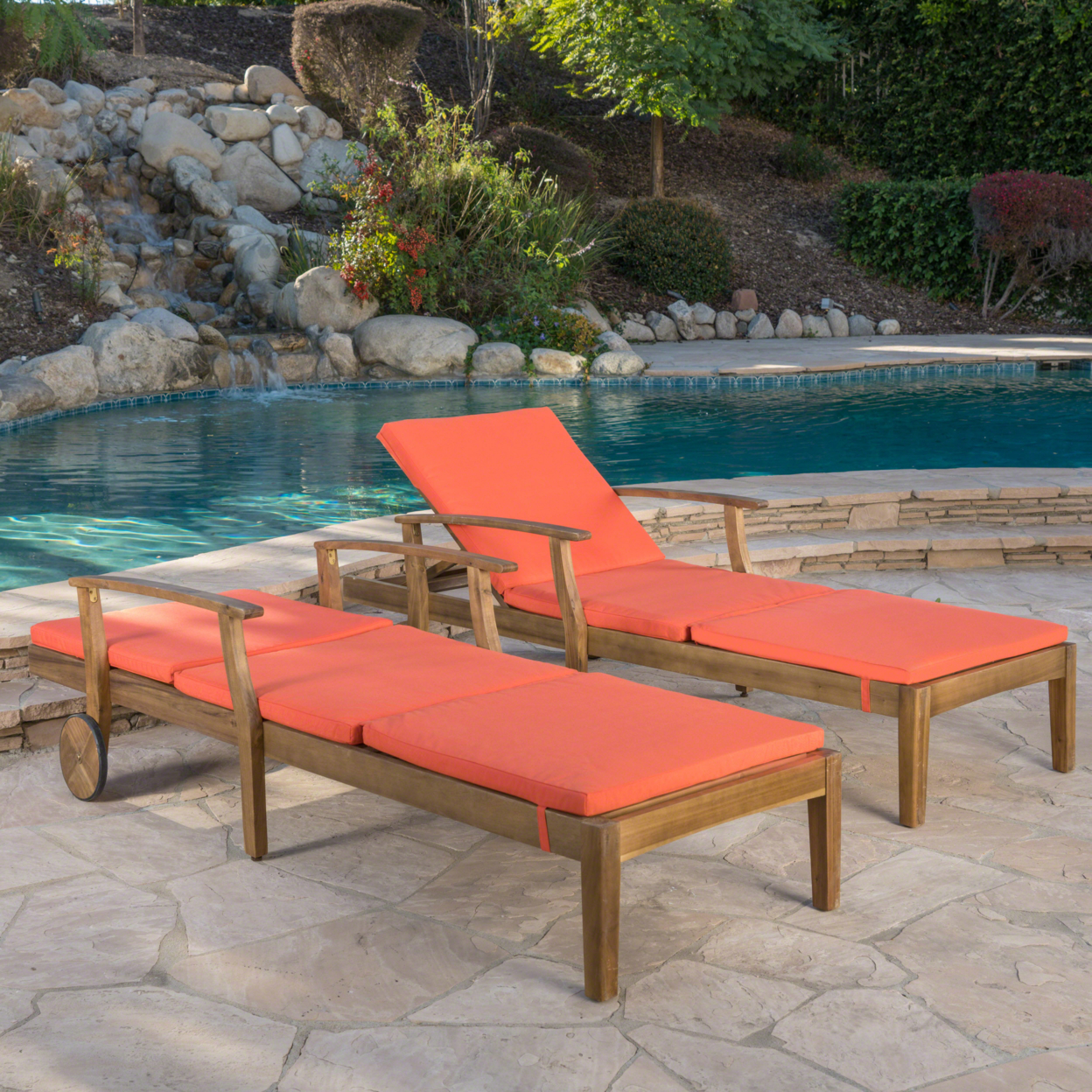 Daisy Outdoor Teak Finish Chaise Lounge With Water Resistant Cushion - Orange, Set Of 2