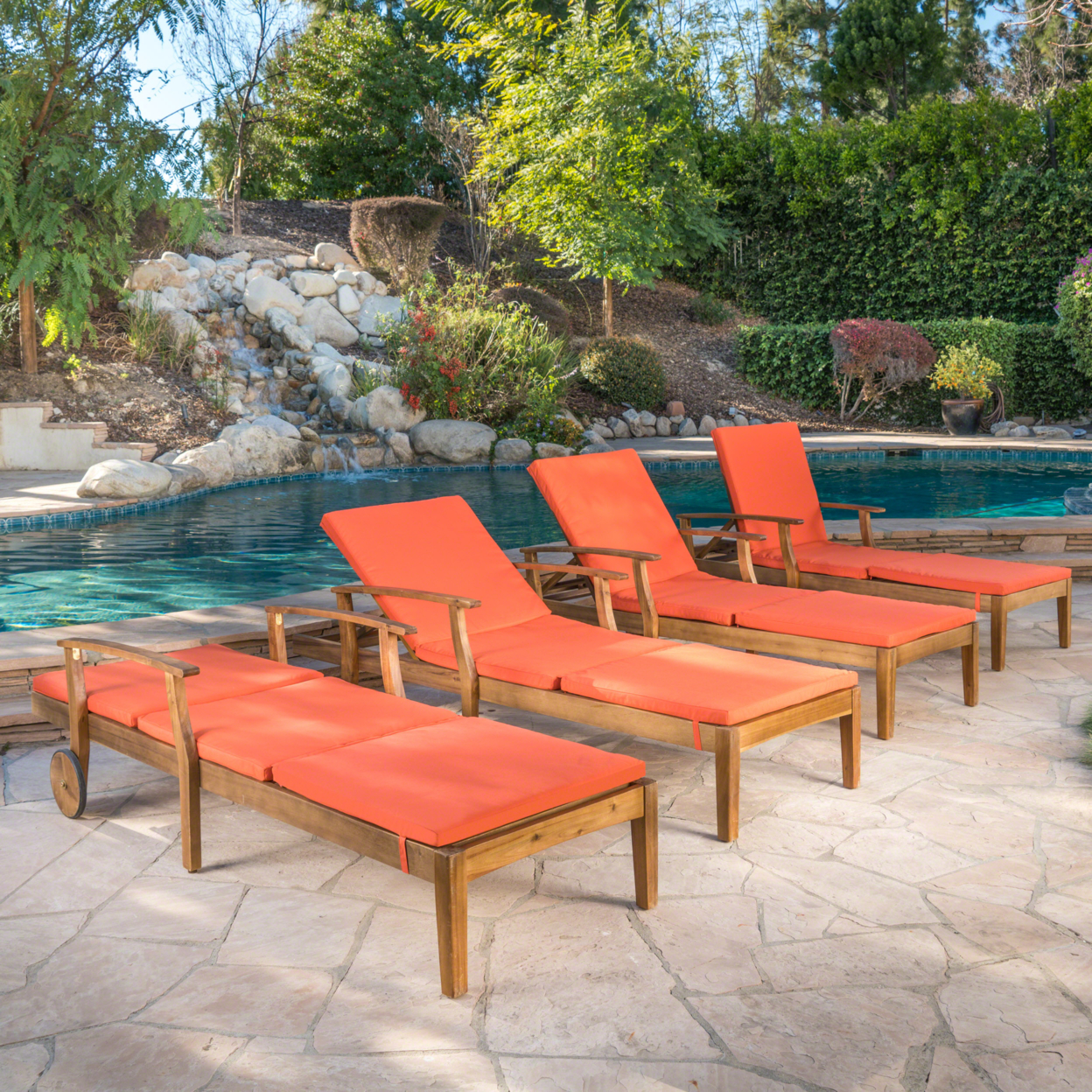 Daisy Outdoor Teak Finish Chaise Lounge With Water Resistant Cushion - Orange, Set Of 4