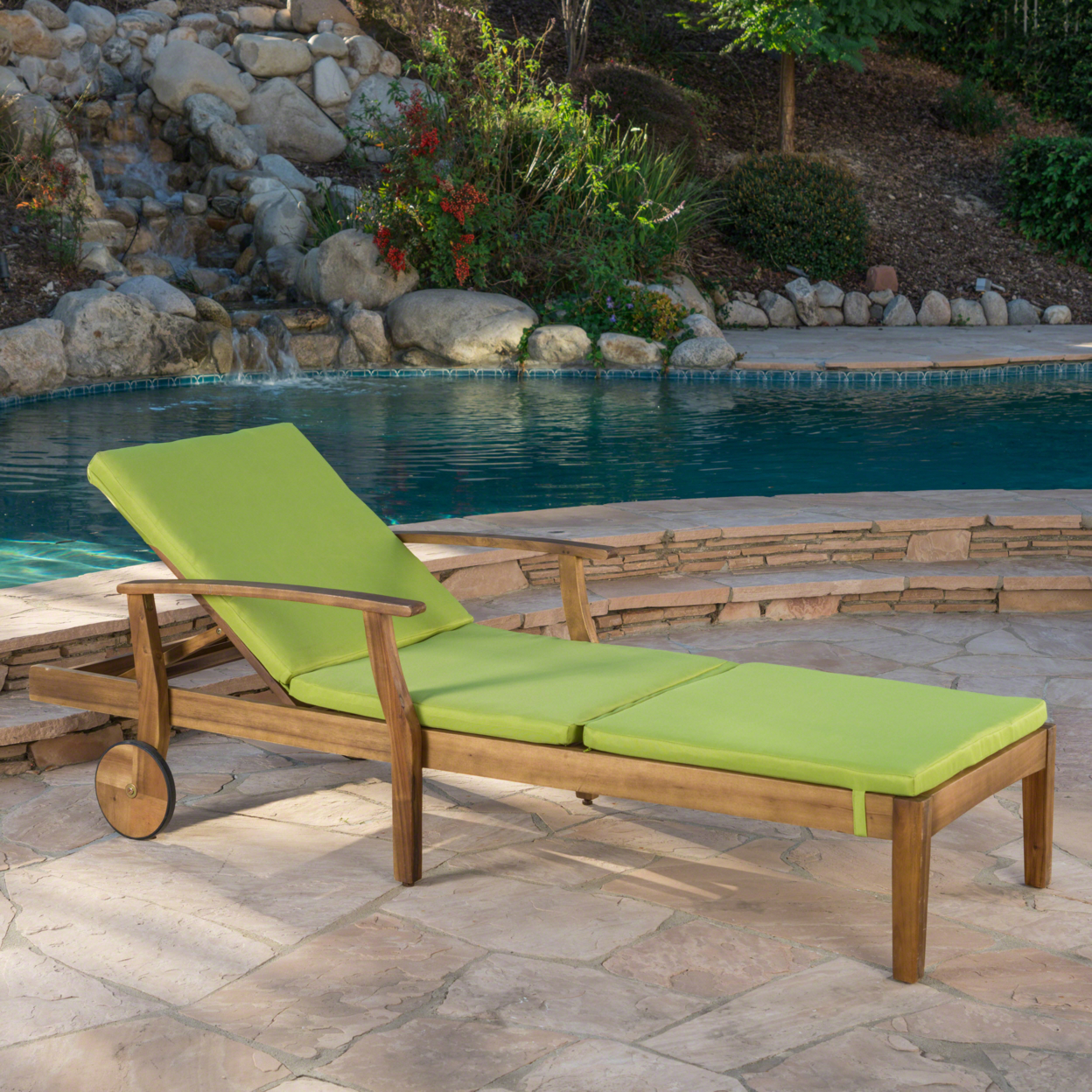 Daisy Outdoor Teak Finish Chaise Lounge With Water Resistant Cushion - Green, Single