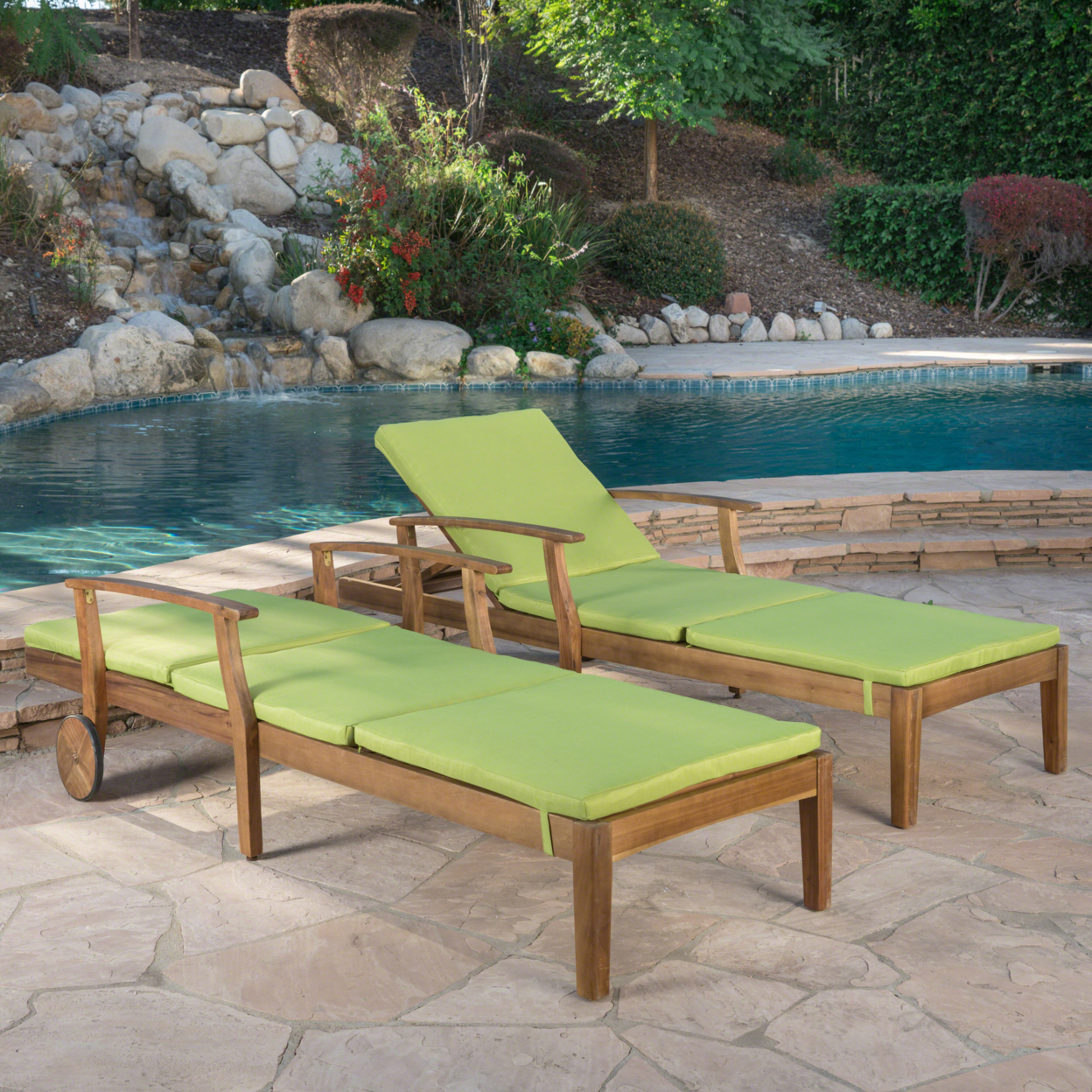 Daisy Outdoor Teak Finish Chaise Lounge With Water Resistant Cushion - Green, Set Of 2