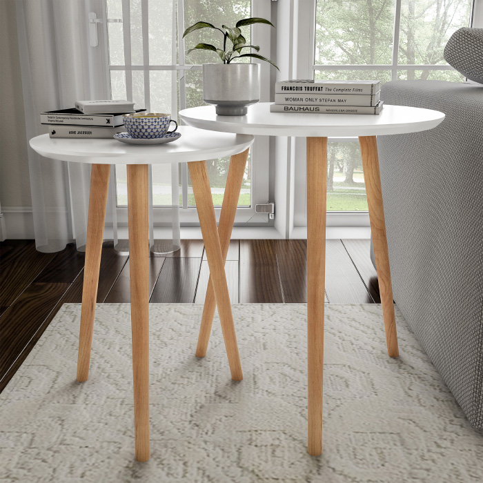 2 White Nesting End Tables Wood Contemporary Decor And Home Accent Table With Circular Top Dcor