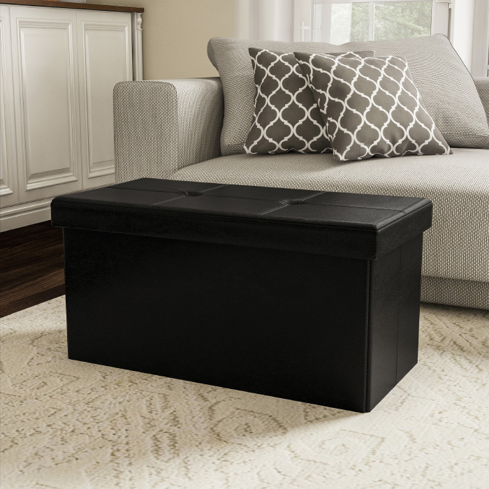 Black 30 X 15 Large Foldable Storage Bench Ottoman Tufted Faux Leather Cube Organizer Furniture