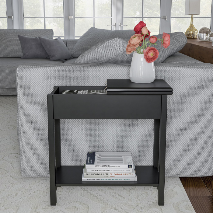 Flip Top End Table-Slim Side Console With Hidden Hinged Storage Compartment And Lower Shelf