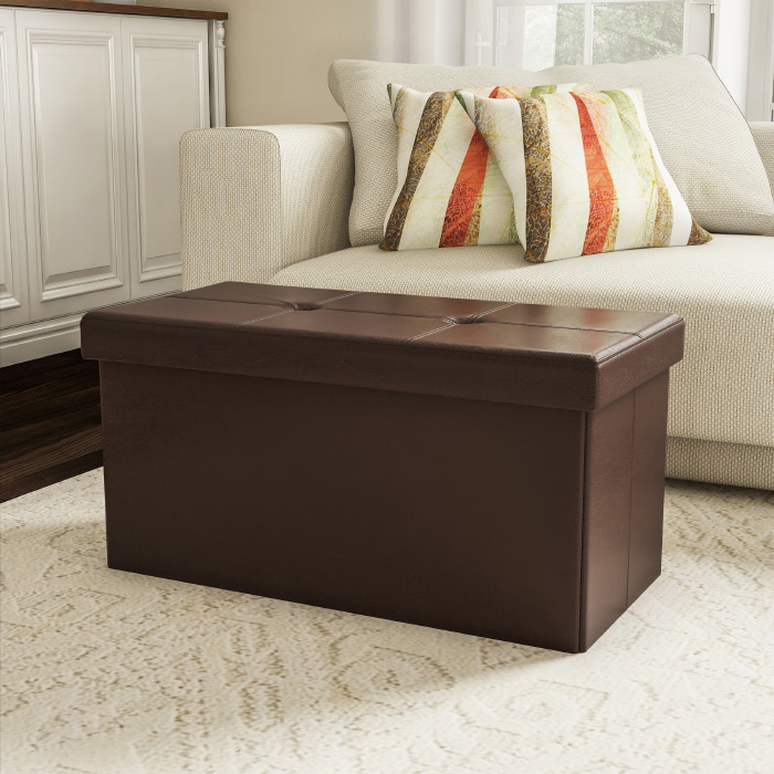 Large Foldable Storage Bench Ottoman Tufted Faux Leather Cube Organizer Furniture Brown 30 X 15
