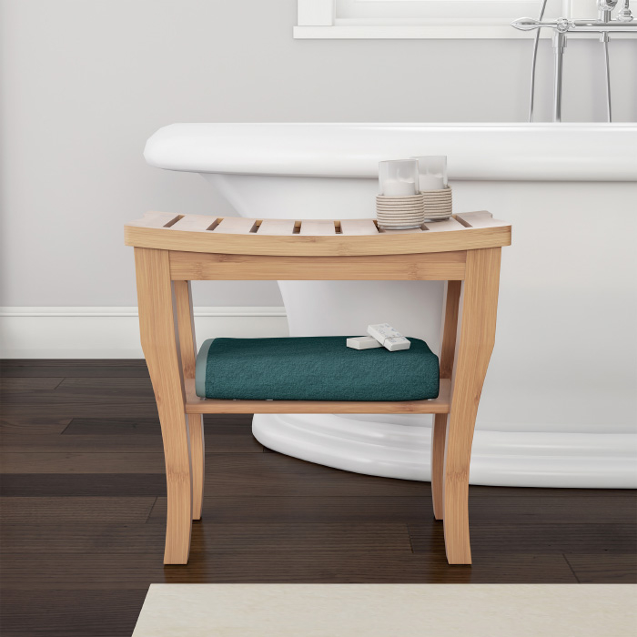 Shower Bench-Water Resistant Natural Eco-Friendly Bamboo With Storage Shelf For Bathroom, Spa Or Sauna Decor