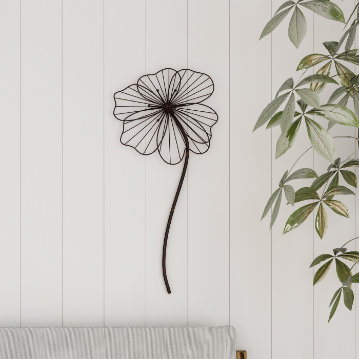Wall Decor-Rustic Metal Wire Stemmed Flower Sculpture Hanging Accent Art For Living Room, Bedroom Or Kitchen Decor (Brown)