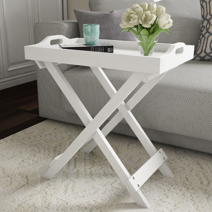 White TV Tray End Table Folding Modern Wooden Decor Display And Home Accent Table With Removable Tray Top