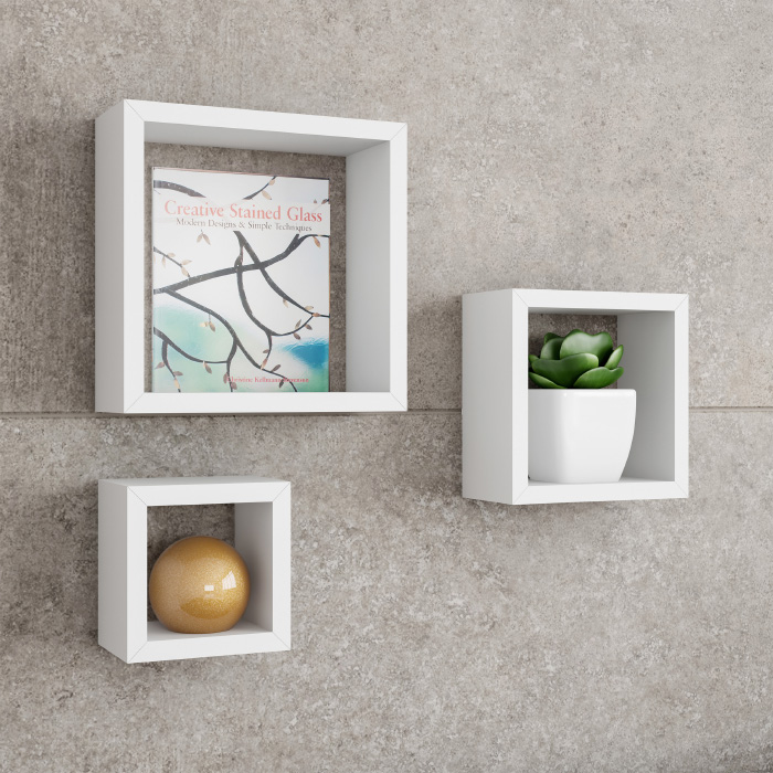 Set Of 3 White Floating Shelves- Cube Wall Shelf Set With Hidden Brackets Display Decor, Books, Photos, More