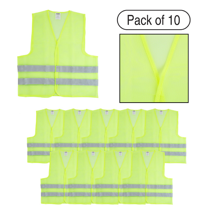 Set Of 10 Mesh High Visibility Reflective Vest Fluorescent Green With Silver Stripe Workwear With Hook And Loop Closures