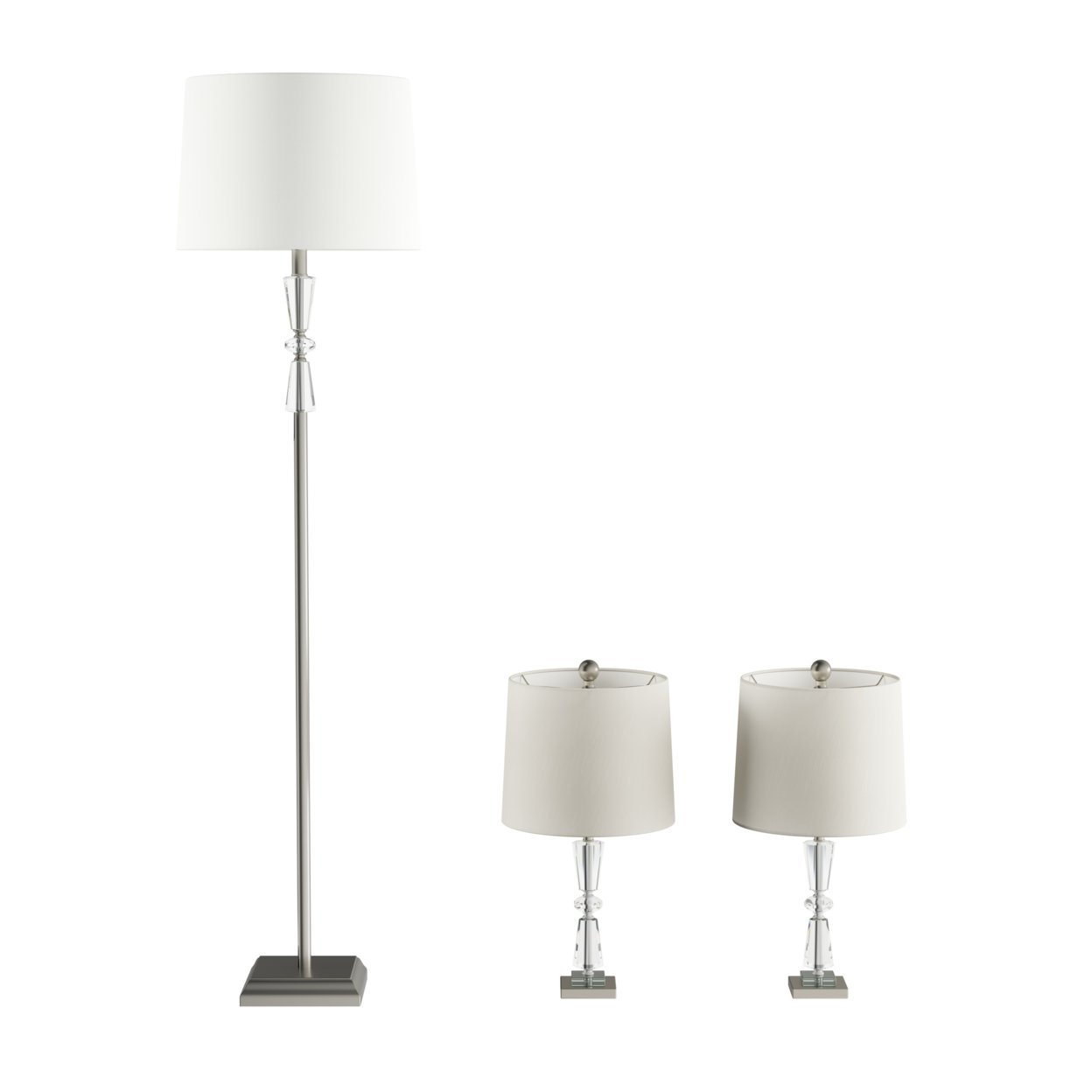 Crystal Double Tiered Lamps With Shades-Set Of 3 Faceted Brushed Silver Base Matching Table And Floor Lamps
