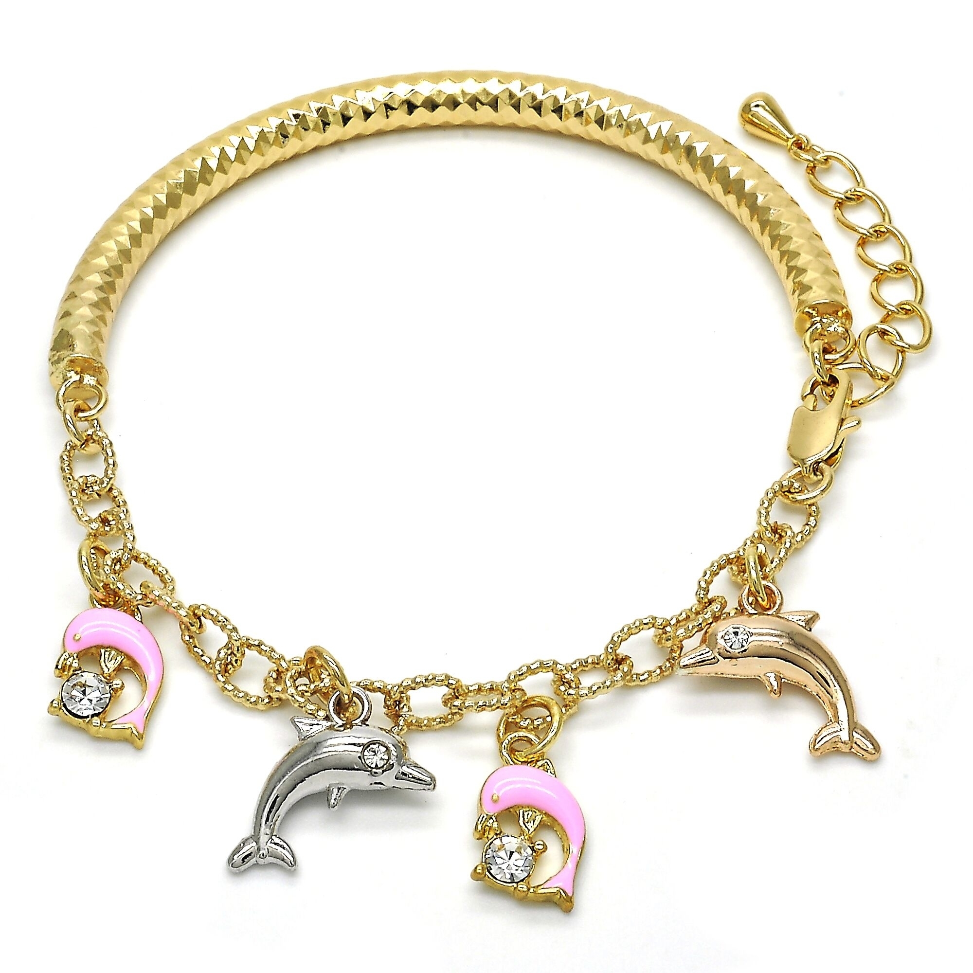Gold Filled Charm Bracelet, Dolphin And Hollow Design, With Crystal, Tri Tone