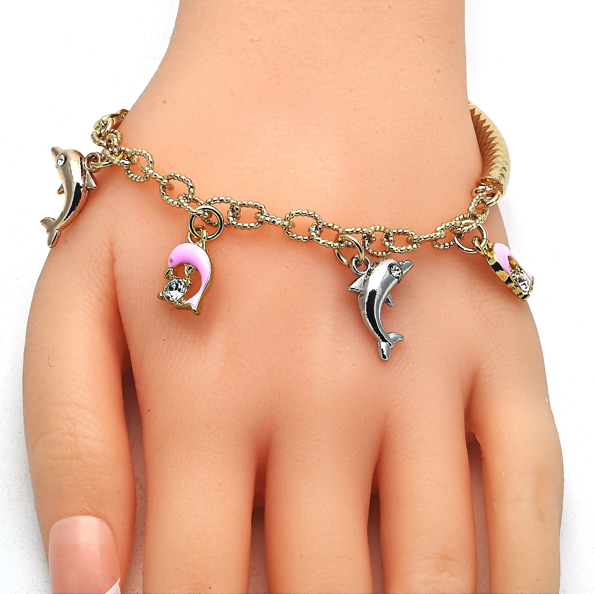 Gold Filled Charm Bracelet, Dolphin And Hollow Design, With Crystal, Tri Tone