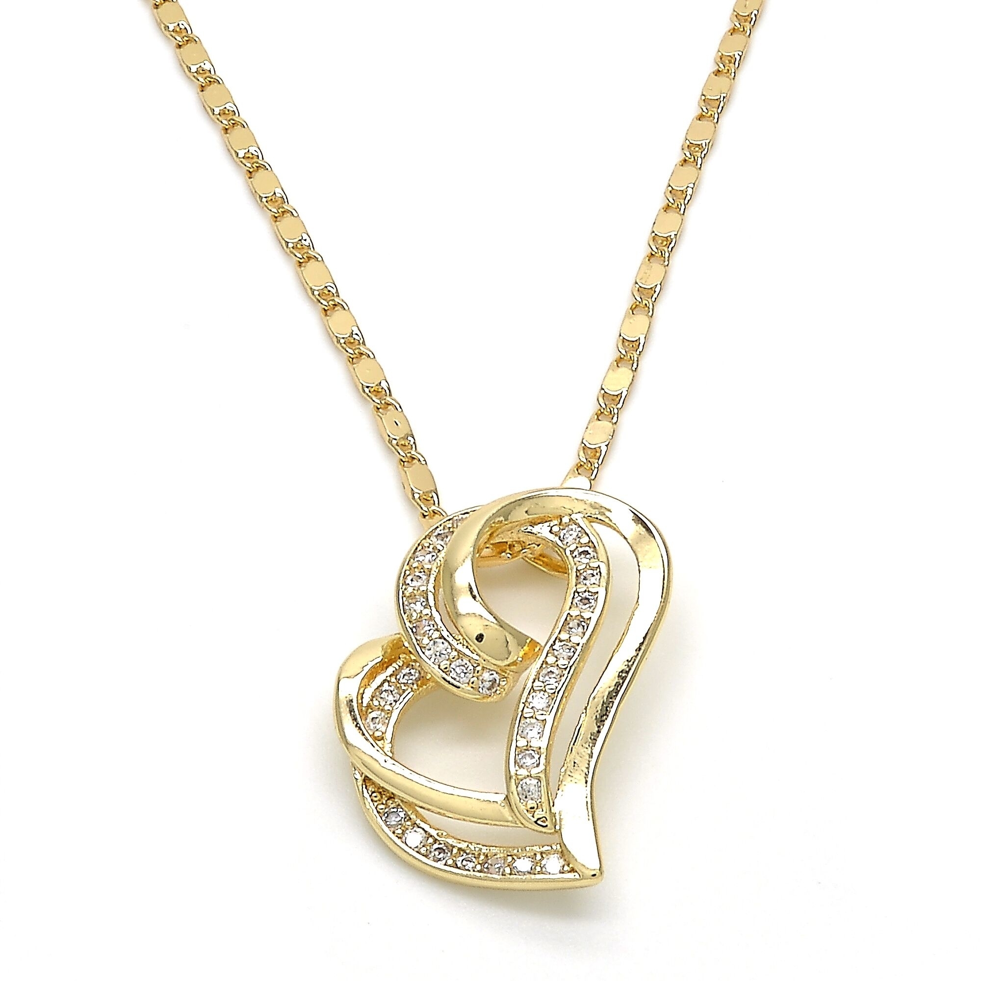 Gold Filled Fancy Necklace, Heart Design, With White Micro Pave, Polished Finish, Golden Tone