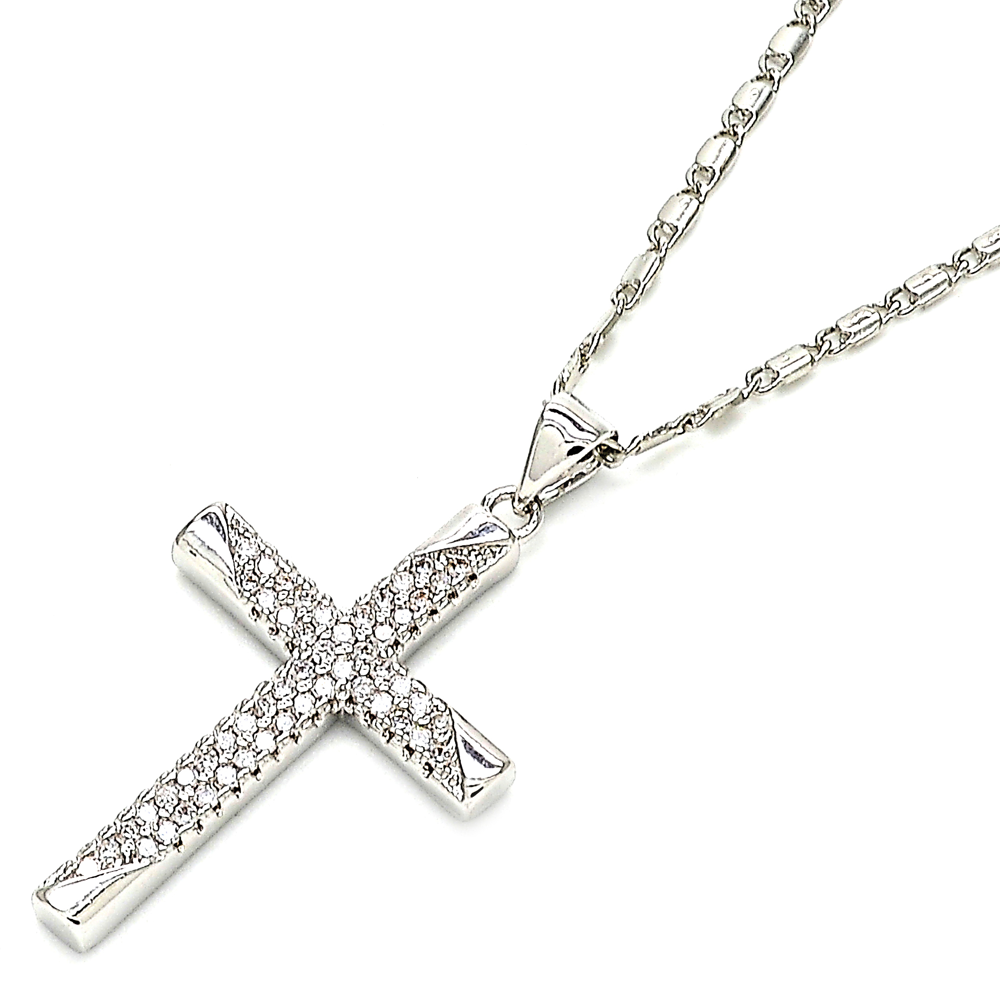 Rhodium Filled High Polish Finsh Fancy Necklace, Cross Design, With Crystal, Rhodium Tone