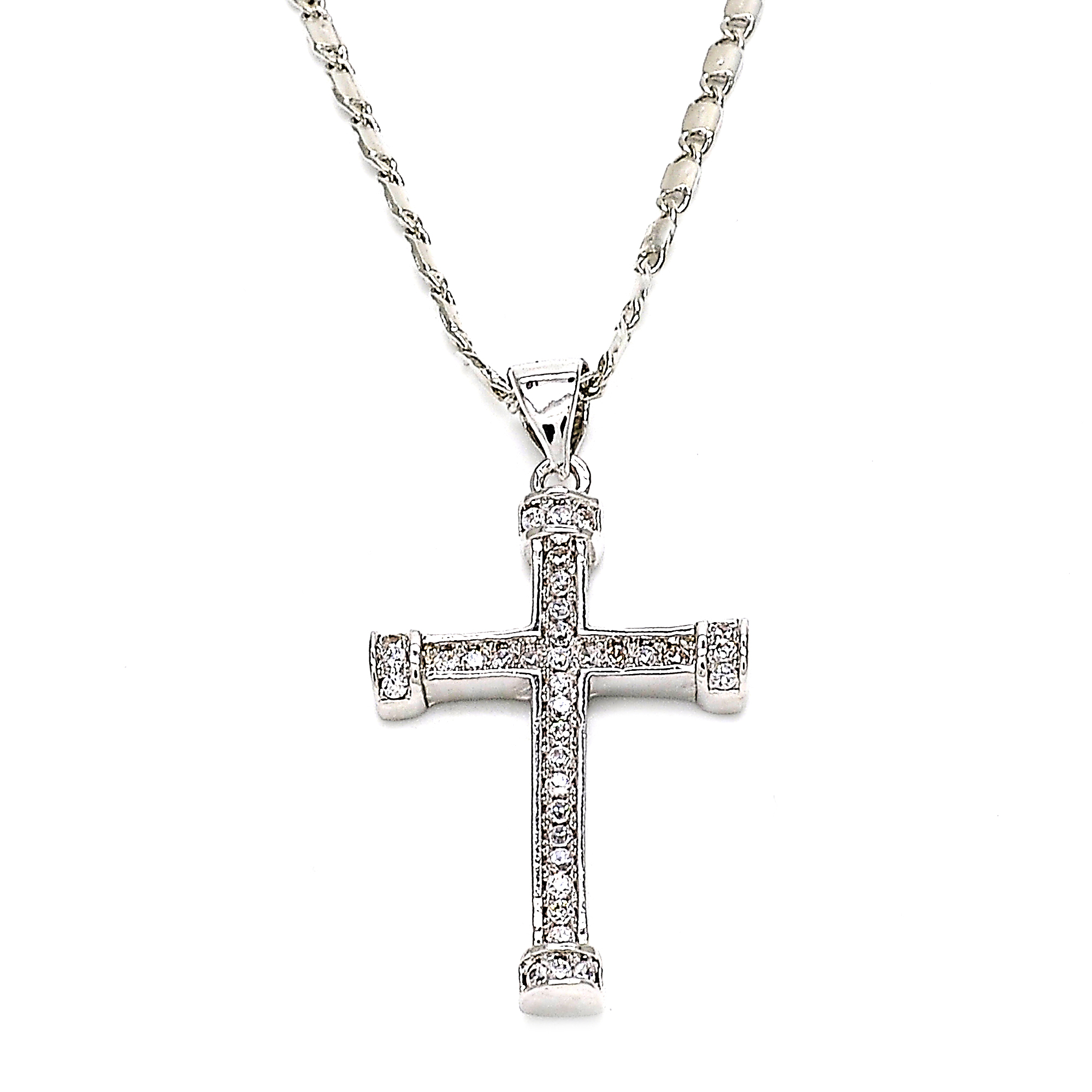 Rhodium Filled High Polish Finsh Fancy Necklace, Cross Design, With Cubic Zirconia, Rhodium Tone