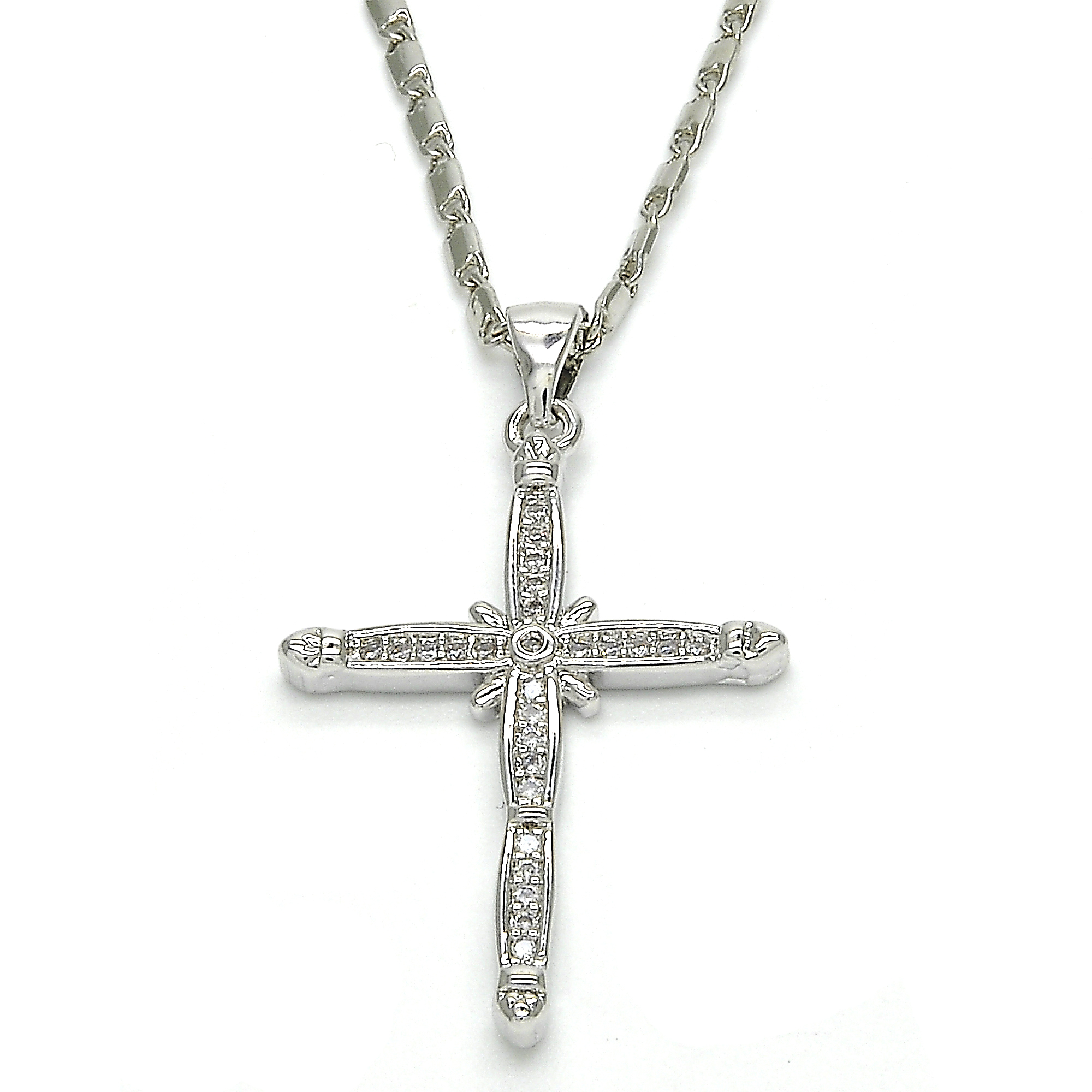 14k Gold Filled High Polish Finsh Rhodium Fancy Necklace, Cross Design, With Micro Pave, Rhodium Tone