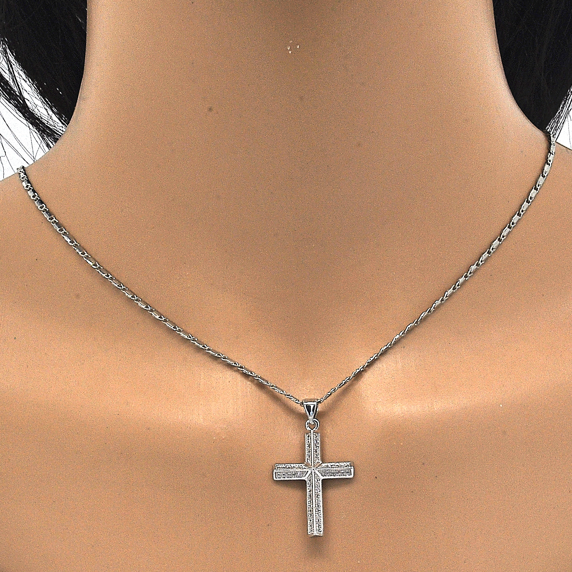 14k Gold Filled High Polish Finsh Rhodium Fancy Necklace, Cross Design, With Micro Pave, Rhodium Tone