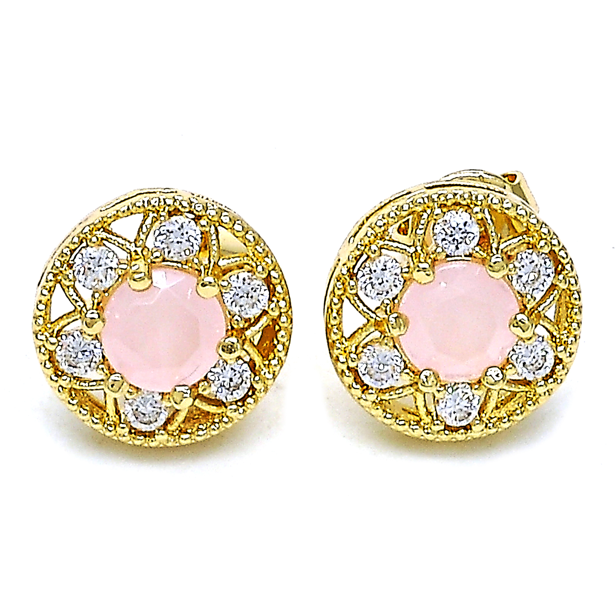 Gold Filled High Polish Finsh Stud Earring, Flower Design, With Opal And Cubic Zirconia, Golden Tone