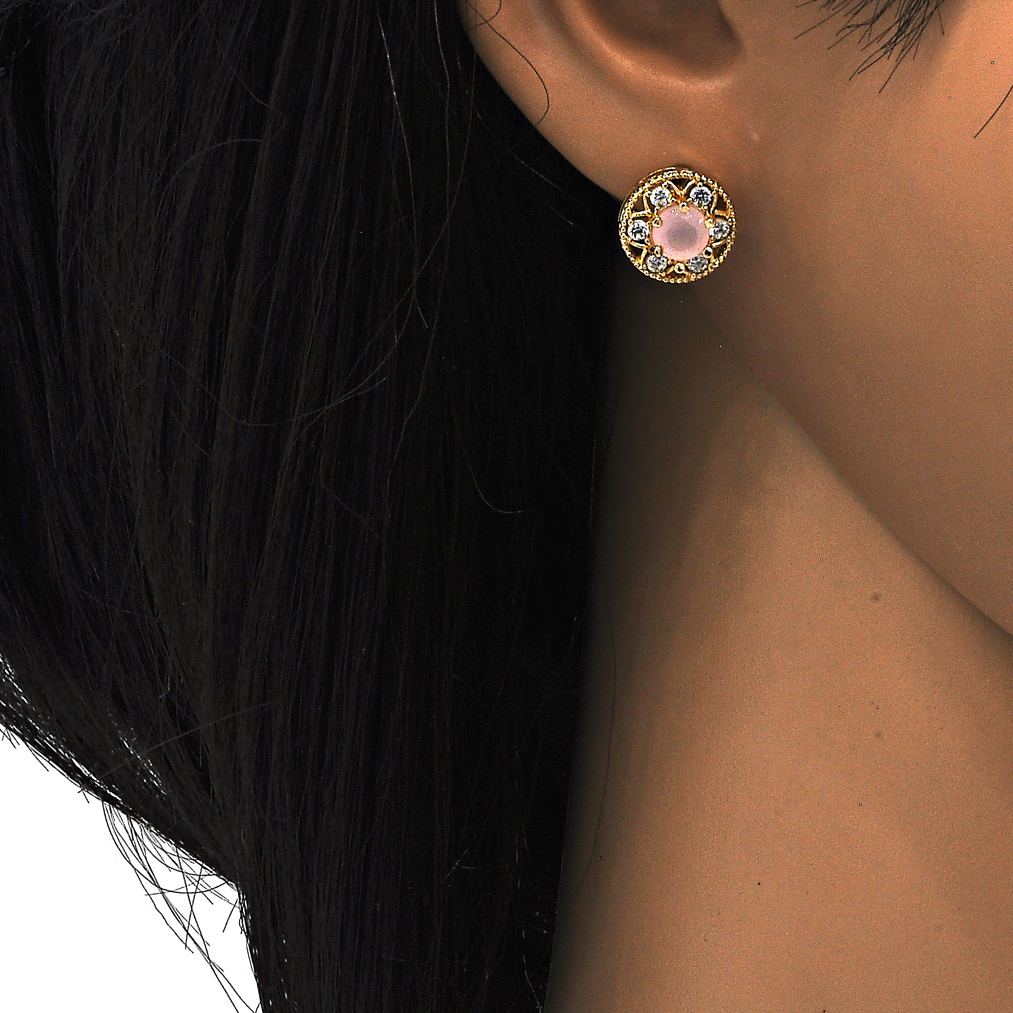 Gold Filled High Polish Finsh Stud Earring, Flower Design, With Opal And Cubic Zirconia, Golden Tone