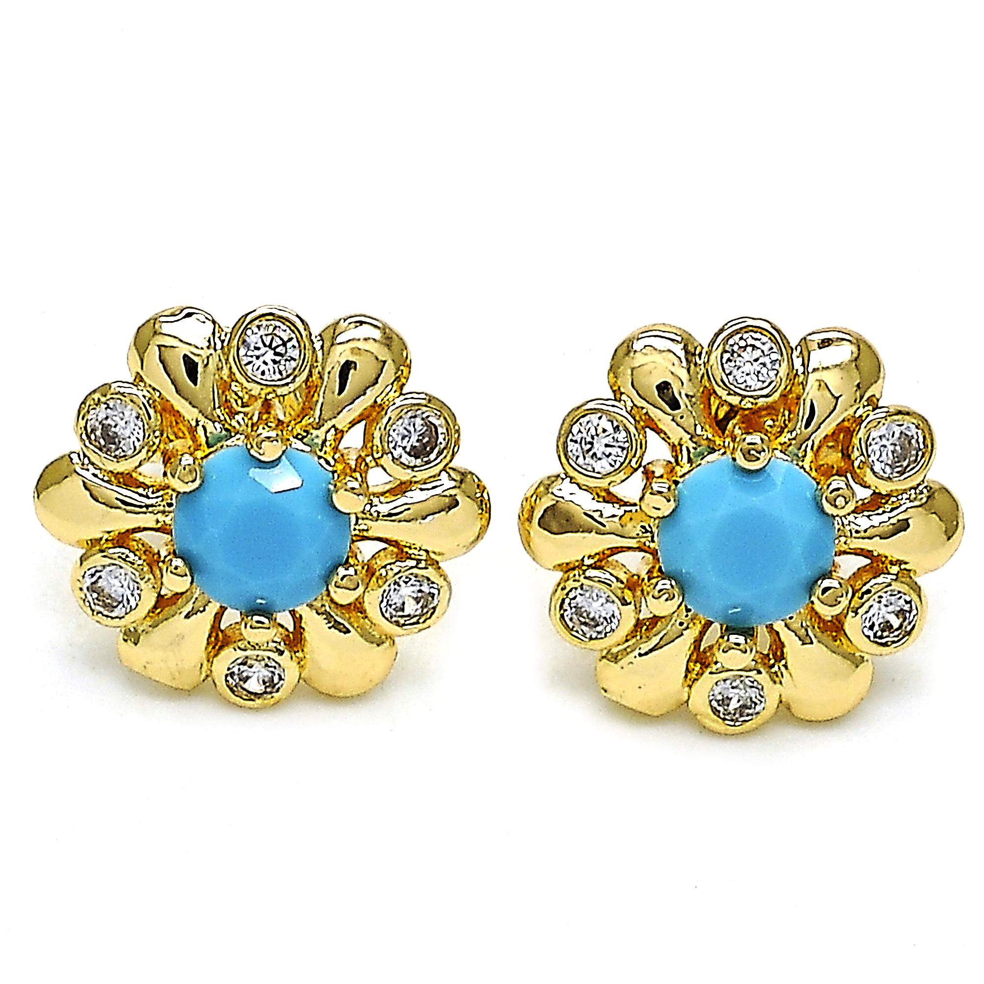 14K Gold Filled High Polish Finsh Stud Earring, Flower Design, With Opal And Cubic Zirconia, Golden Tone