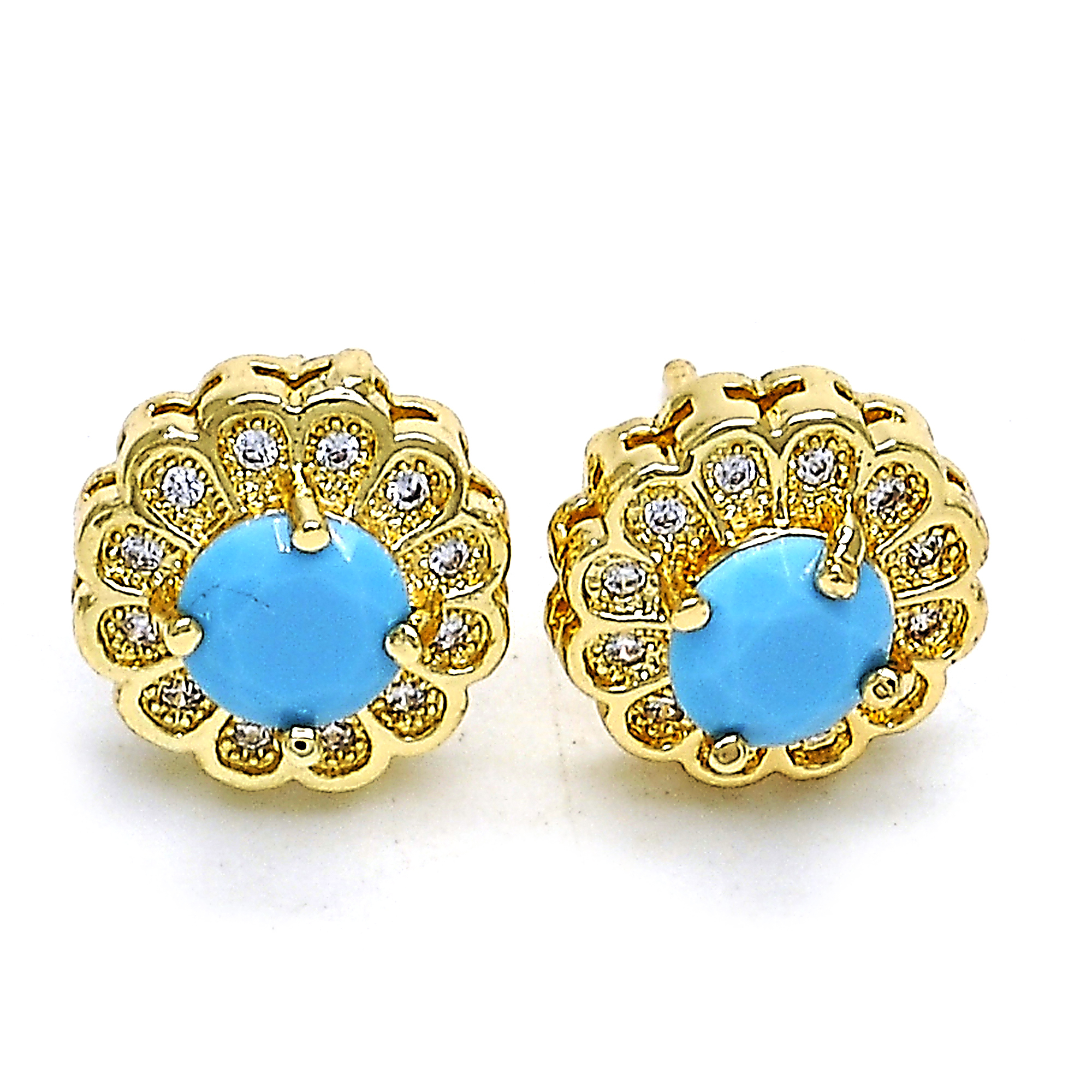 14K Gold Filled High Polish Finsh Turquoise Flower Stud Earring With Micro Pave