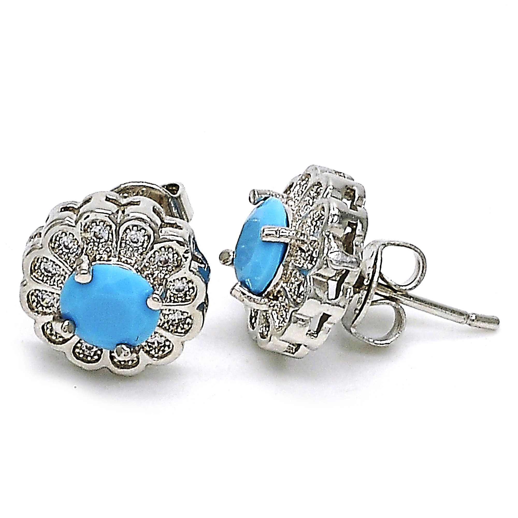 RHODIUM Filled High Polish Finsh TURQUOISE FLOWER STUD EARRING WITH MICRO PAVE