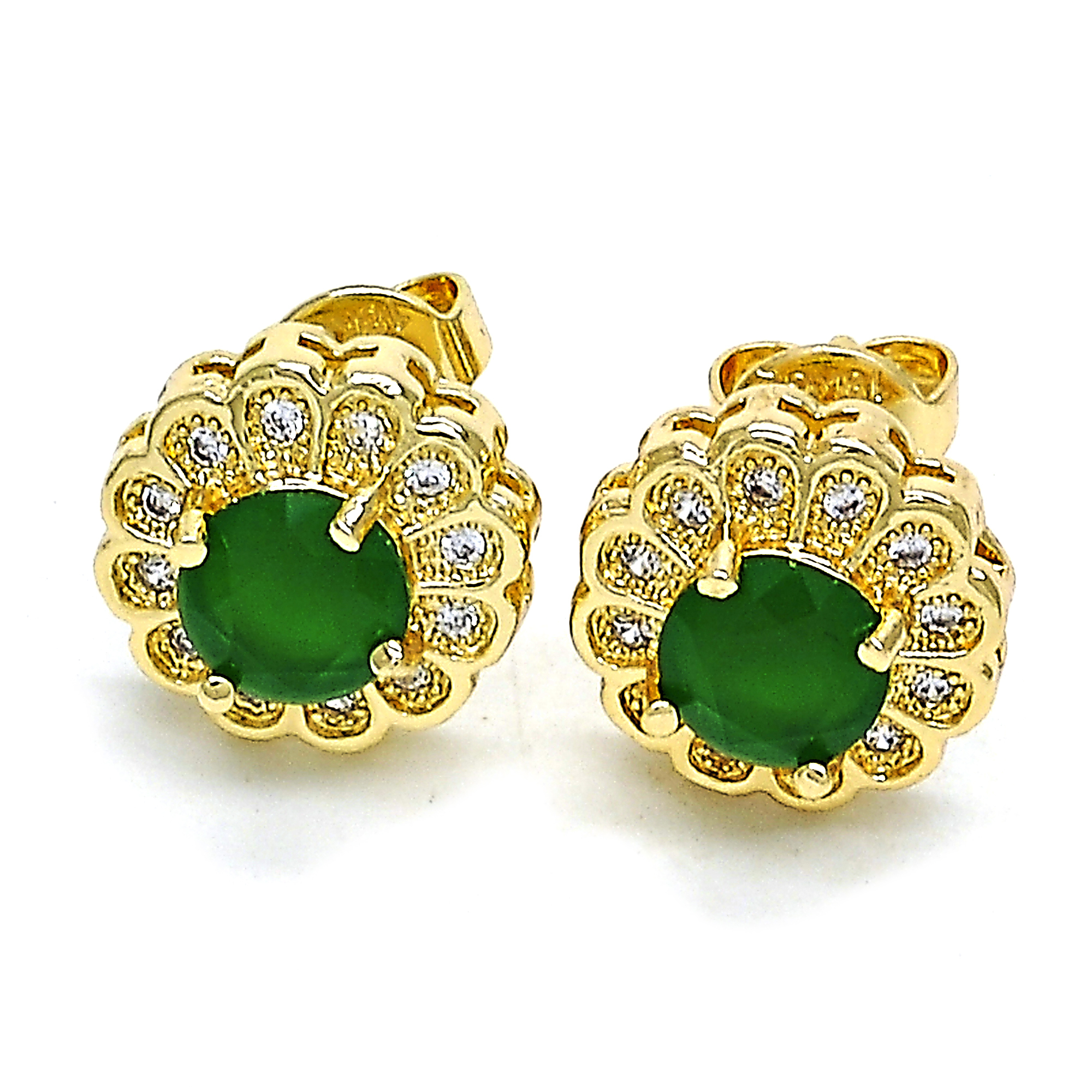 14K Gold Filled High Polish Finsh Emerald Flower Stud Earring With Micro Pave