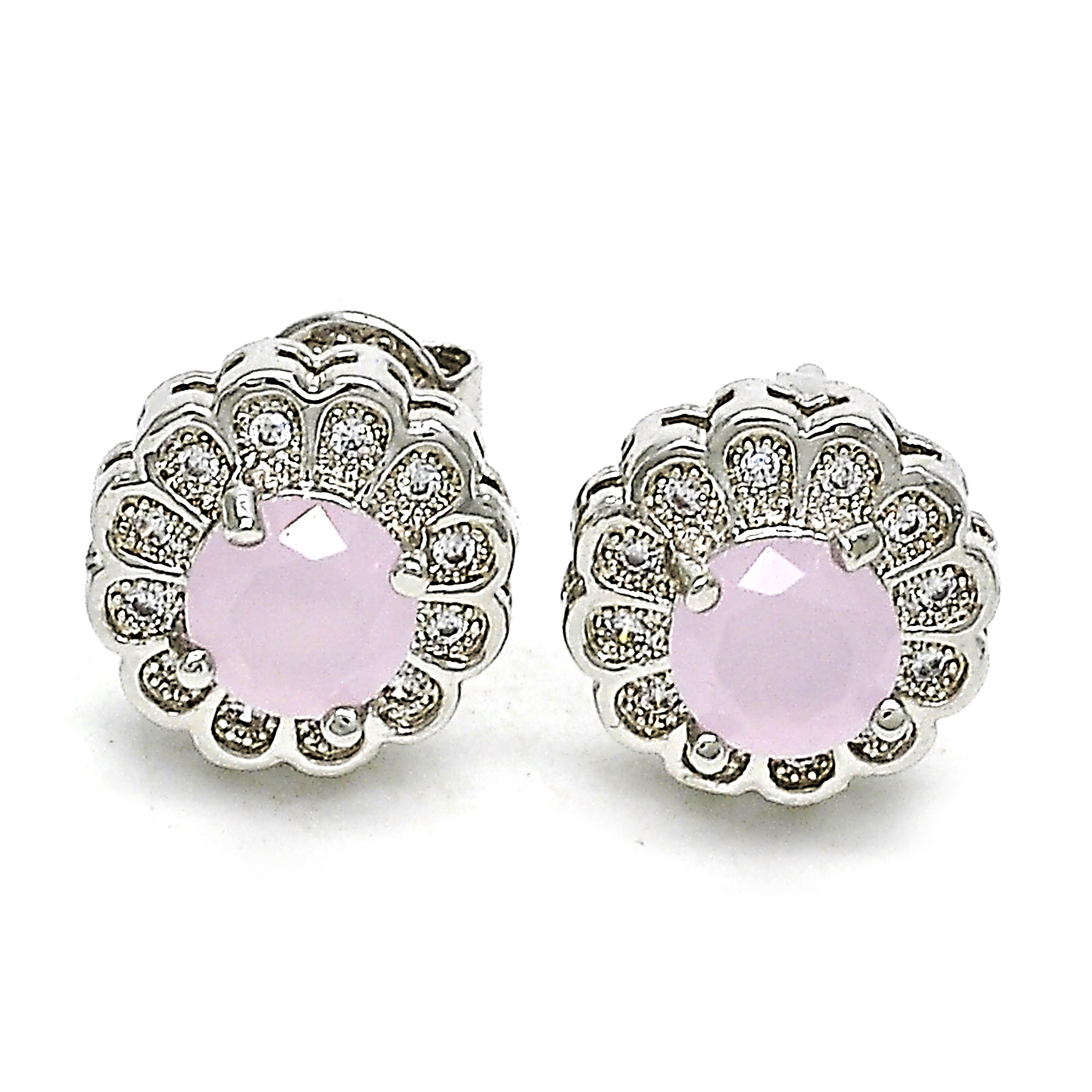 14K Gold Filled High Polish Finsh Rhodium Pink Opal Flower Stud Earring With Micro Pave