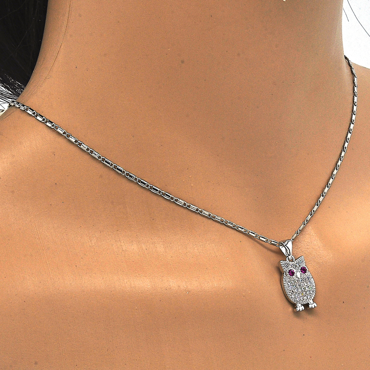 14K White Gold Fancy Necklace, Heart Design, With Cubic Zirconia, Rhodium Tone