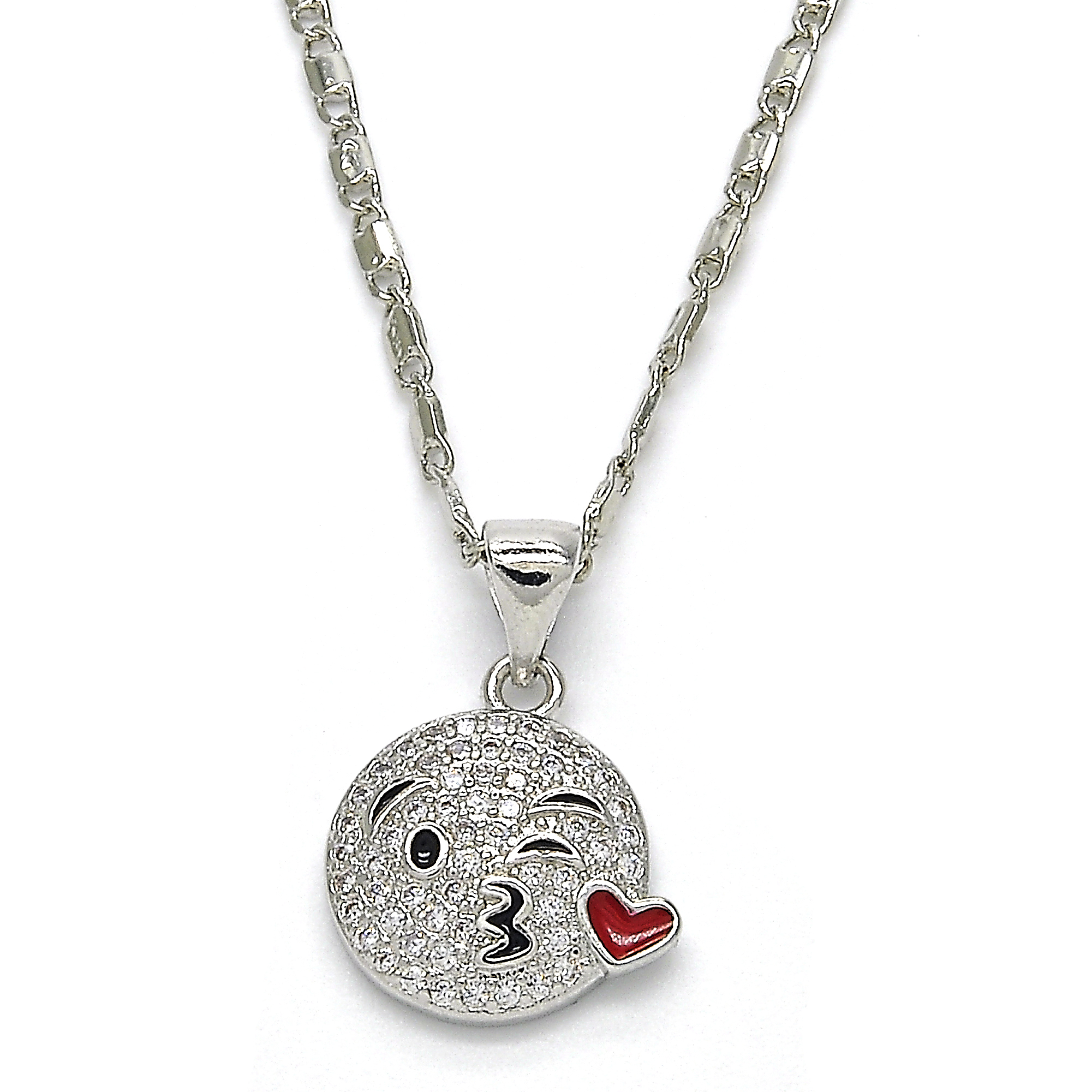 Rhodium Filled High Polish Finsh Fancy Necklace, Heart Design, With Cubic Zirconia, Rhodium Tone