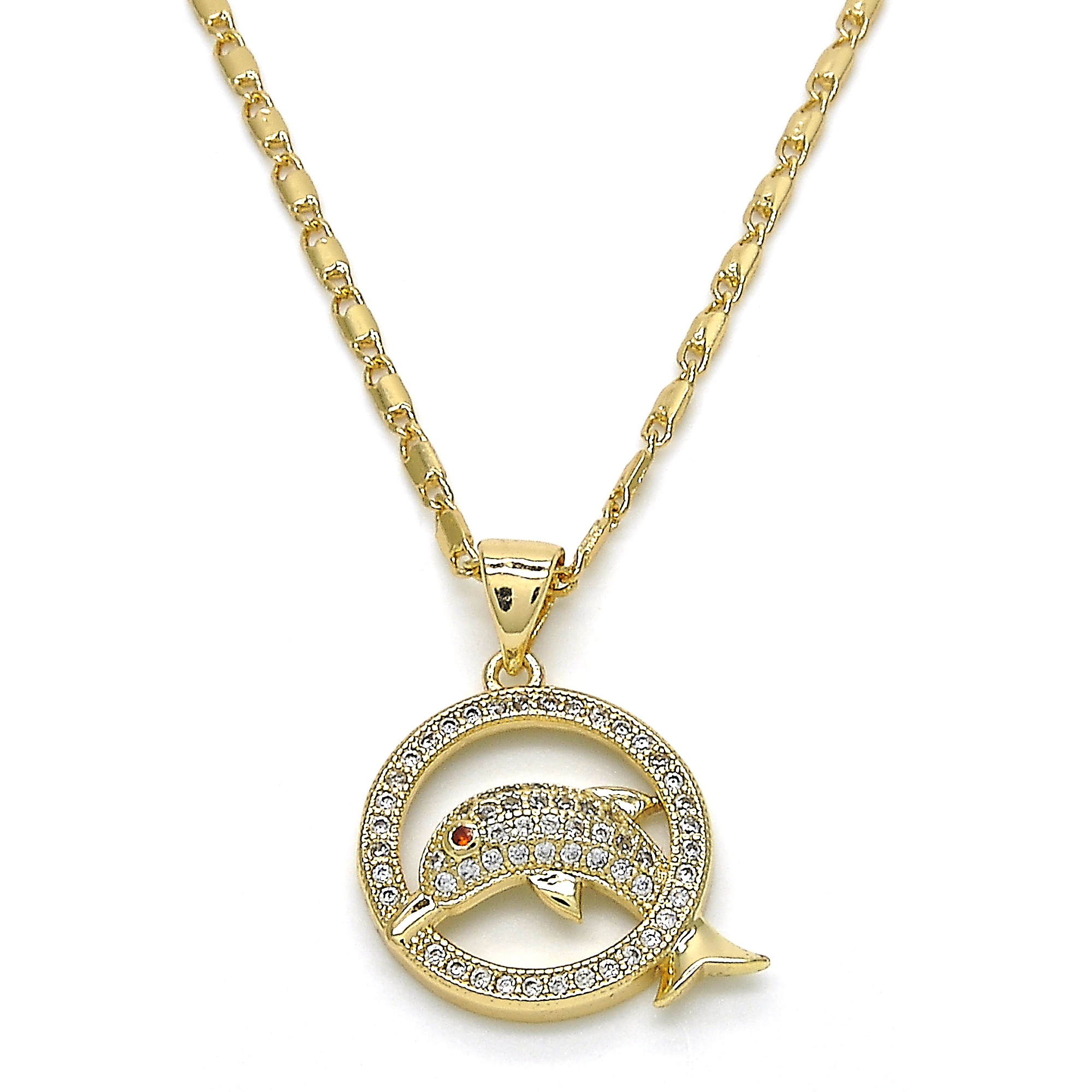 Gold Filled High Polish Finsh Fancy Necklace, Dolphin Design, With Garnet And White Micro Pave, Polished Finish, Golden Tone