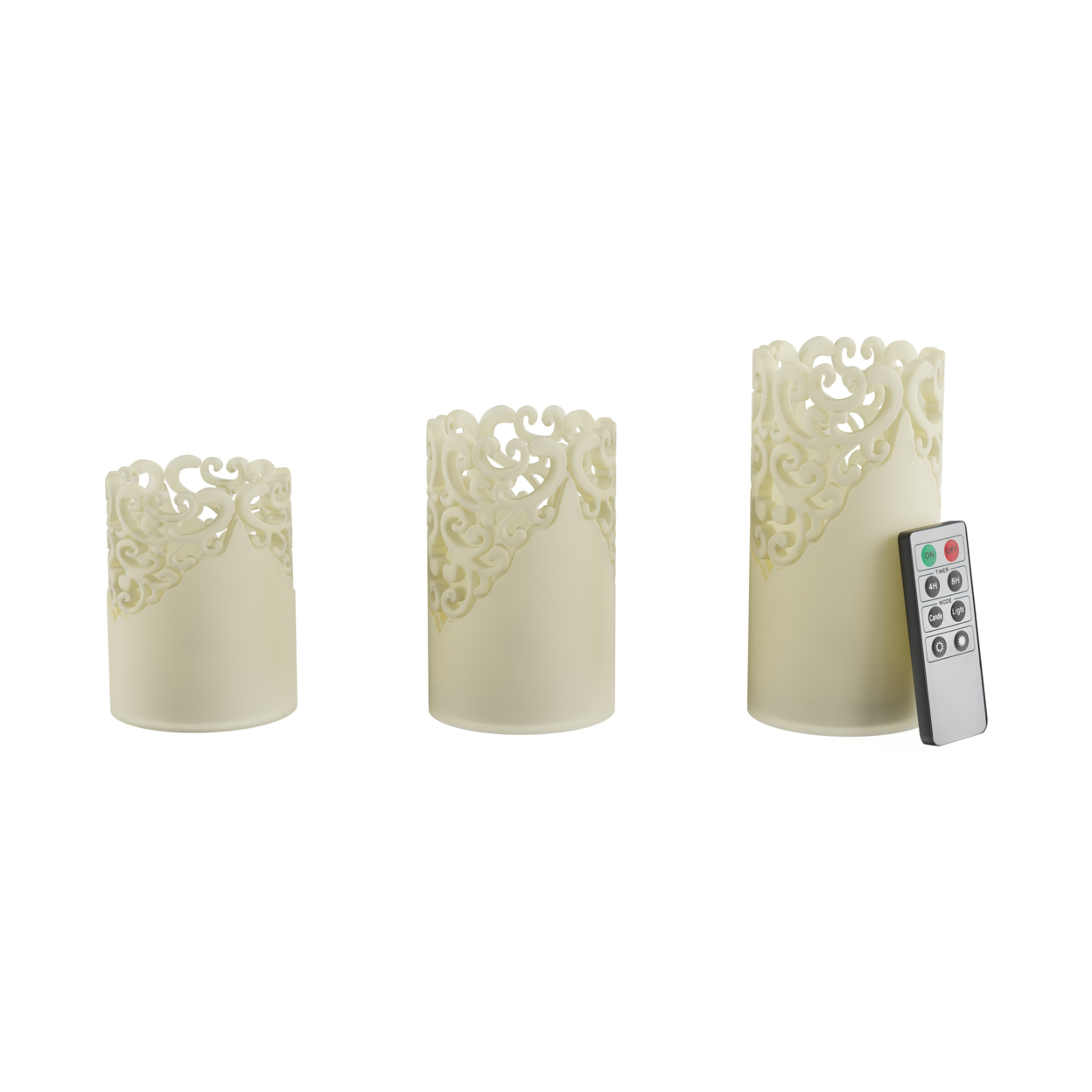 LED Candles With Remote Control-Set Of 3 Lace Detailed, Vanilla Scented Wax, Realistic Flameless Pillar Lights