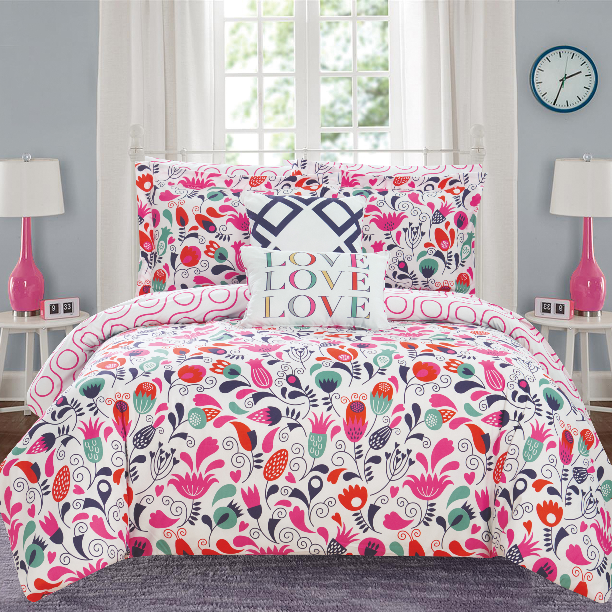 Lisse 9 Or 7 Piece Reversible Comforter Set Print Design - Pink, Full