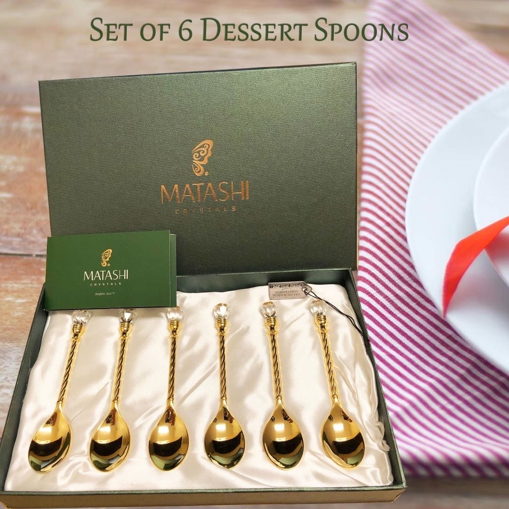 24K Gold Plated Crystal Topped Dessert Spoons By Matashi (Set Of 6)