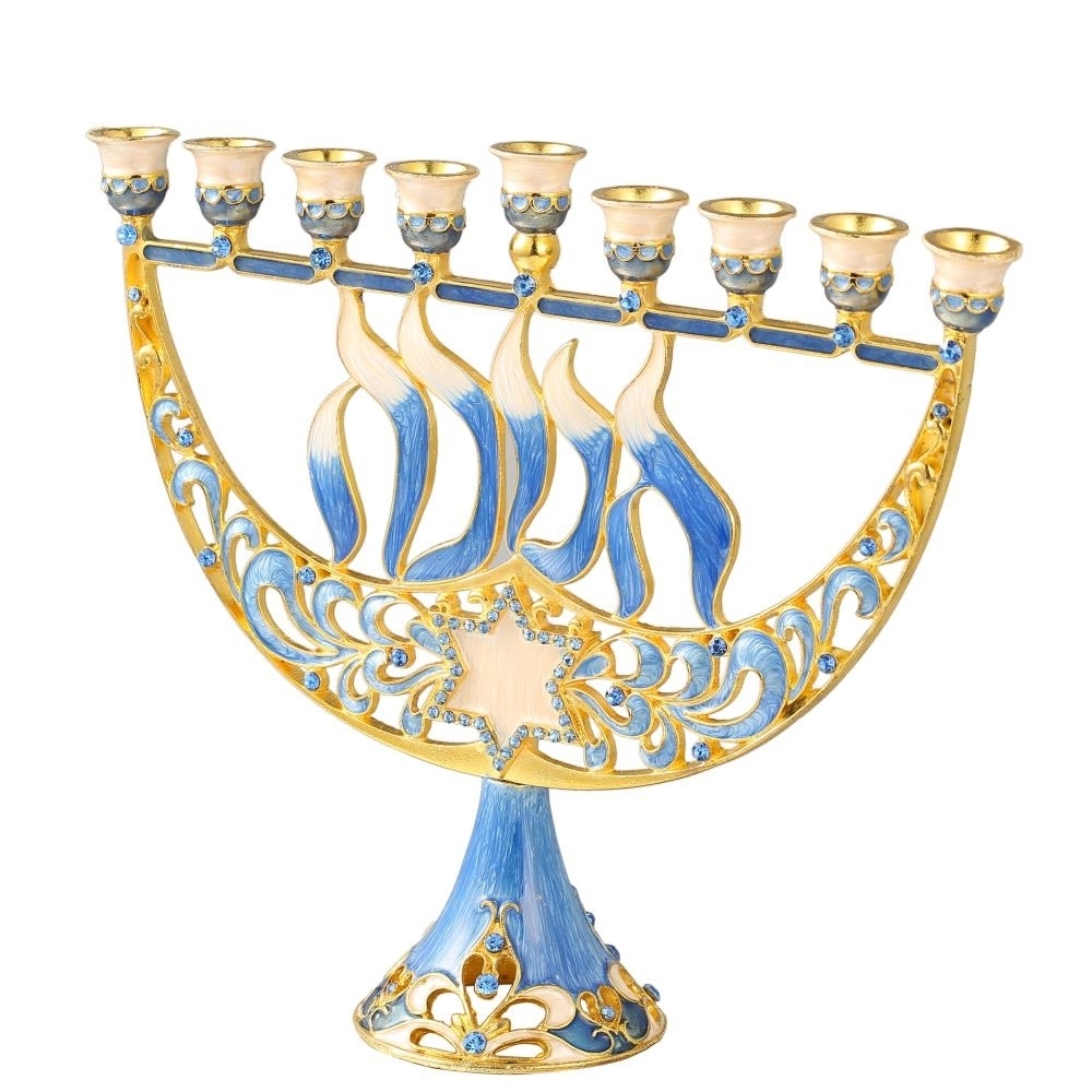 Hand Painted Enamel Menorah Candelabra With A Star Of David And Embellished With Gold Accents