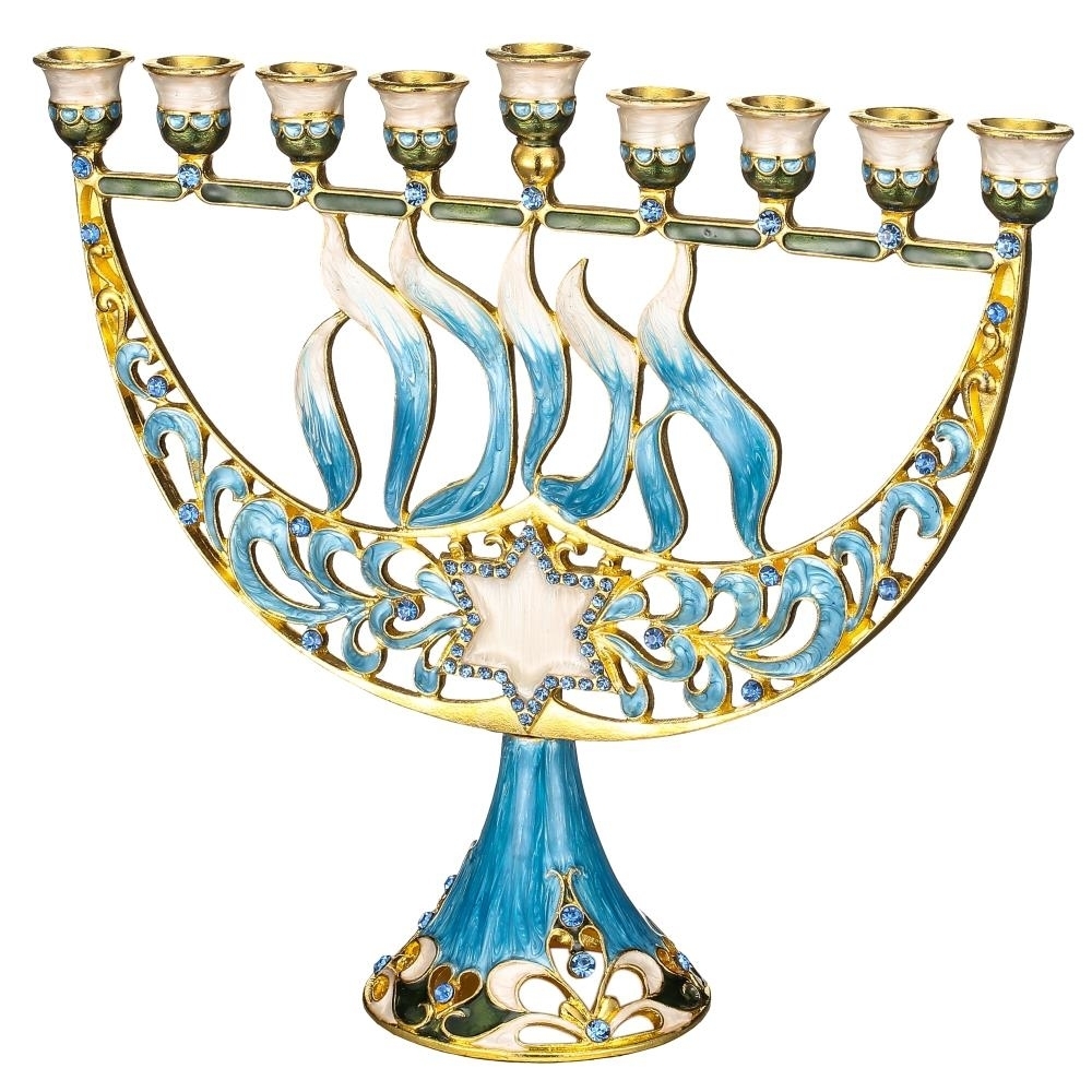 Hand Painted Enamel Menorah Candelabra With A Star Of David And Hebrew Hanukkah Design And Embellished With Gold Accents