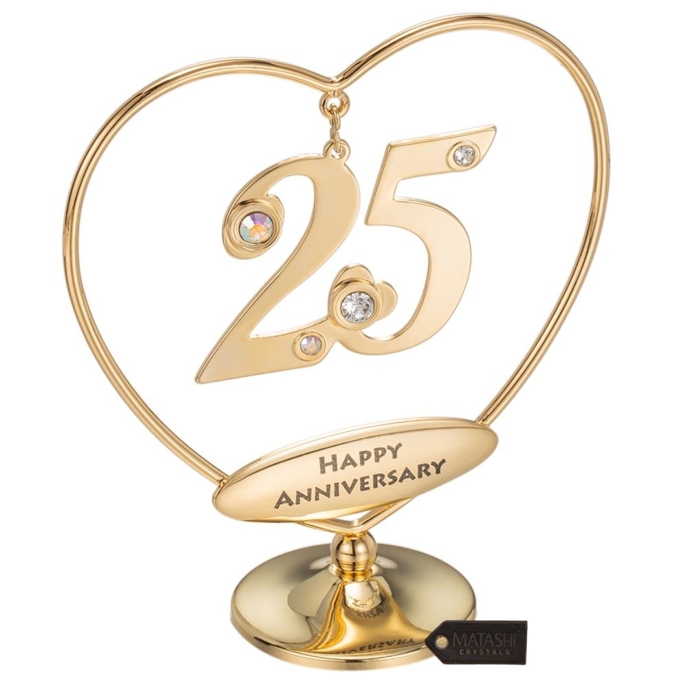 Matashi 24K Gold Plated Beautiful 25th Happy Anniversary Heart Table Top Ornament Made With Genuine Matashi Crystals