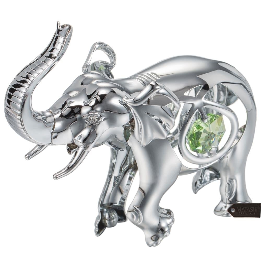 Matashi Chrome Plated Silver Elephant With Open Mouth Ornament With Mint Green And Clear-Cut Crystals
