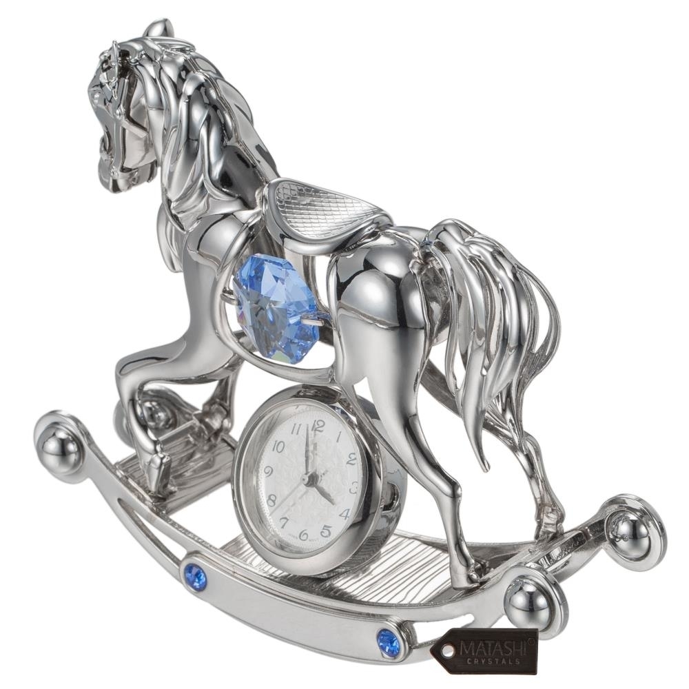 Chrome Plated Crystal Studded Silver Rocking Horse Desk Clock Ornament By Matashi